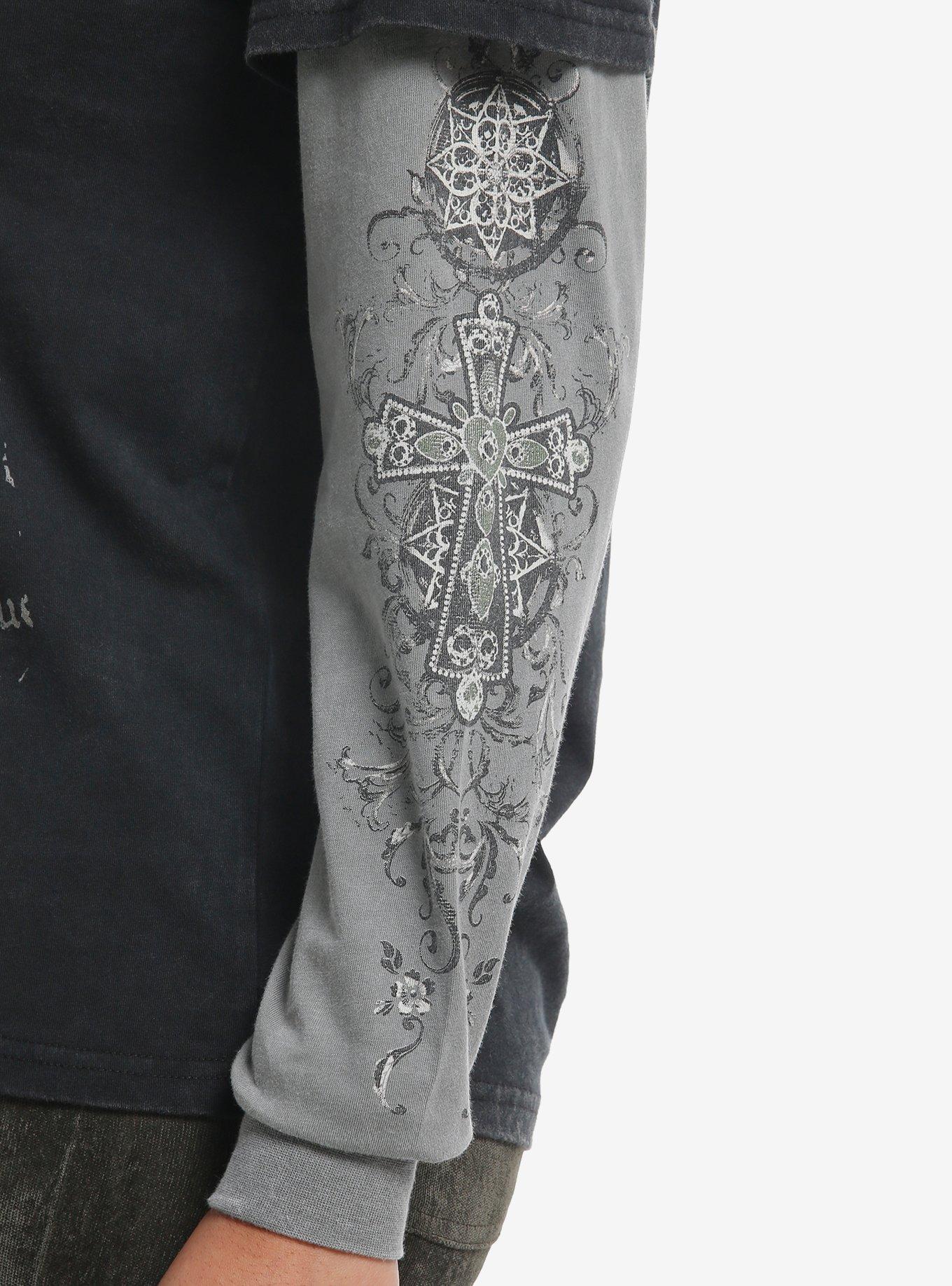 Winged Cross Black & Green Girls Long-Sleeve T-Shirt, GREY, alternate