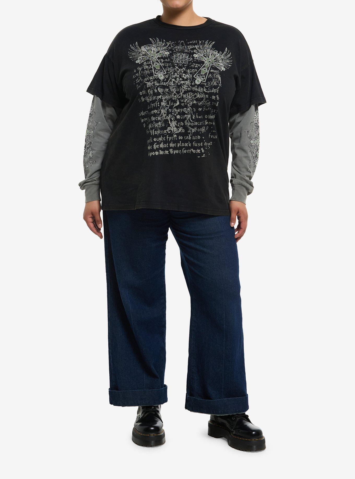 Winged Cross Black & Green Girls Twofer Long-Sleeve T-Shirt Plus Size, , hi-res