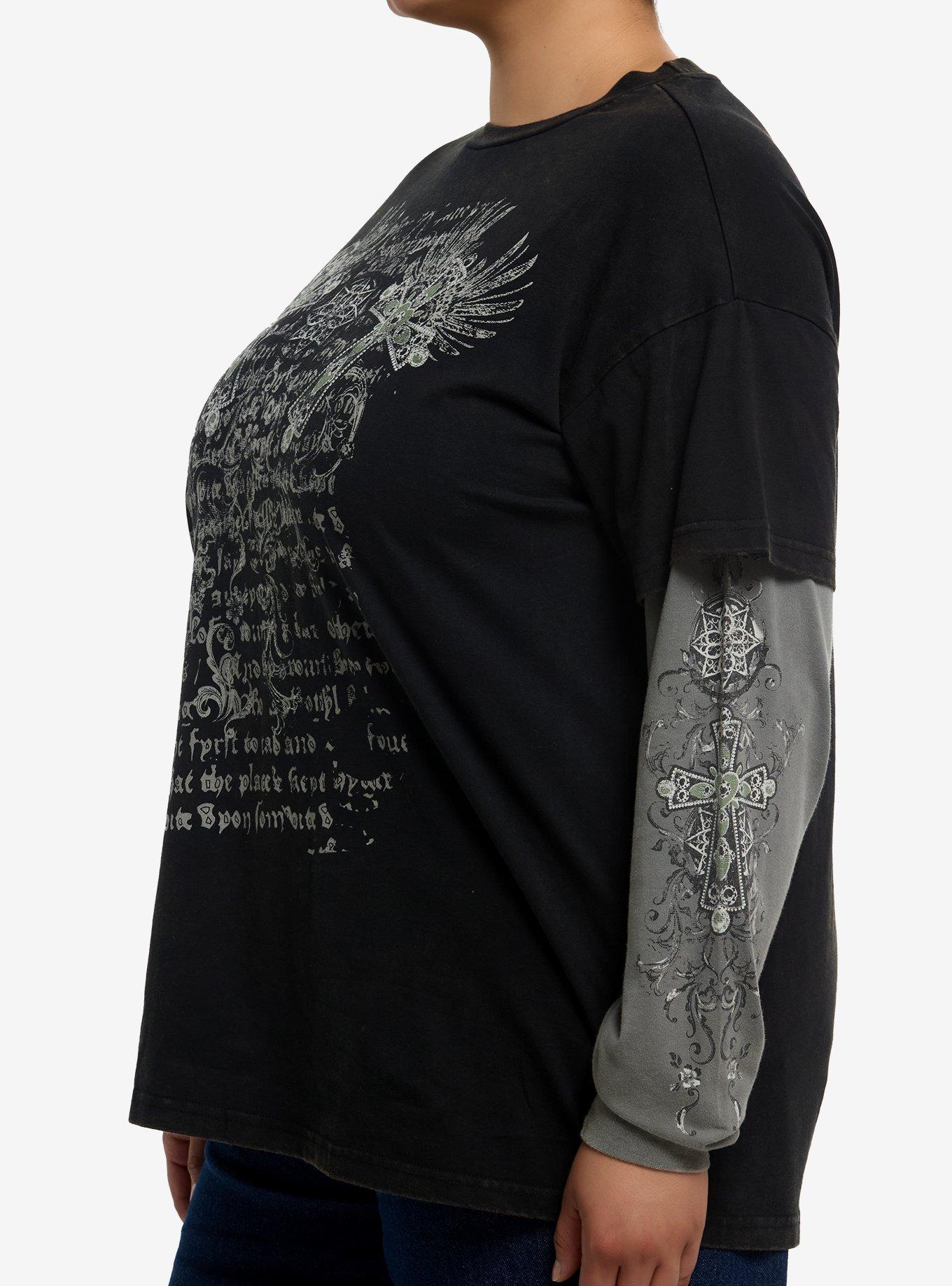 Winged Cross Black & Green Girls Twofer Long-Sleeve T-Shirt Plus Size, GREY, alternate