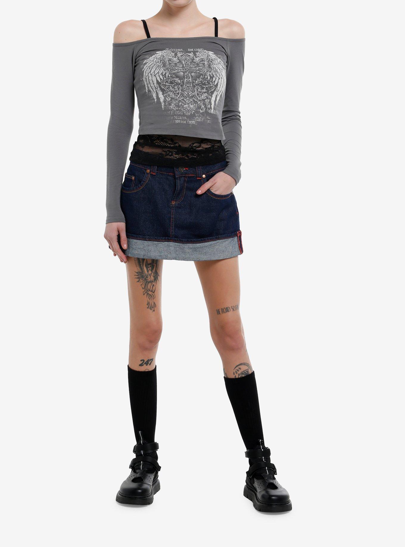 Grey & Black Lace Cami Winged Cross Girls Twofer Long-Sleeve Top, , hi-res
