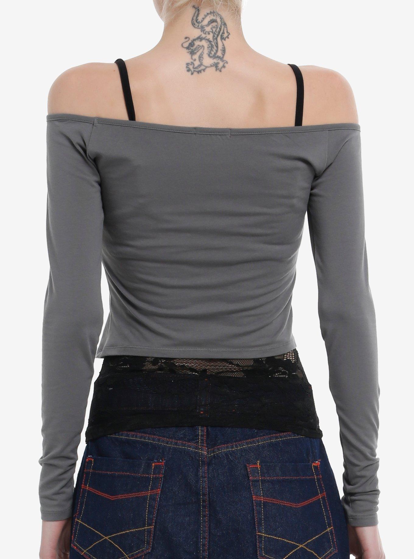 Grey & Black Lace Cami Winged Cross Girls Twofer Long-Sleeve Top, , alternate