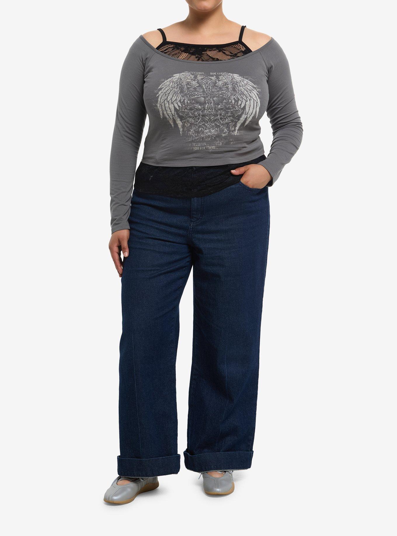 Grey & Black Lace Cami Winged Cross Girls Twofer Long-Sleeve Top Plus Size, , hi-res