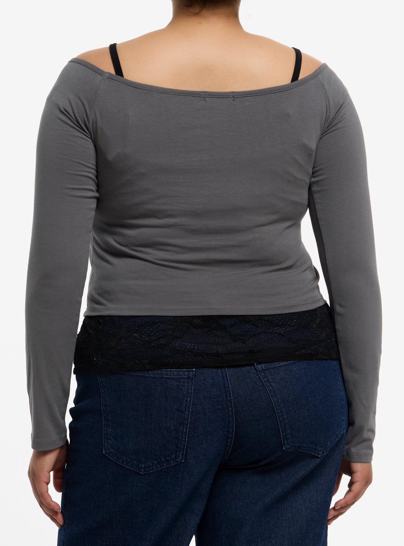 Grey & Black Lace Cami Winged Cross Girls Twofer Long-Sleeve Top Plus Size, , alternate