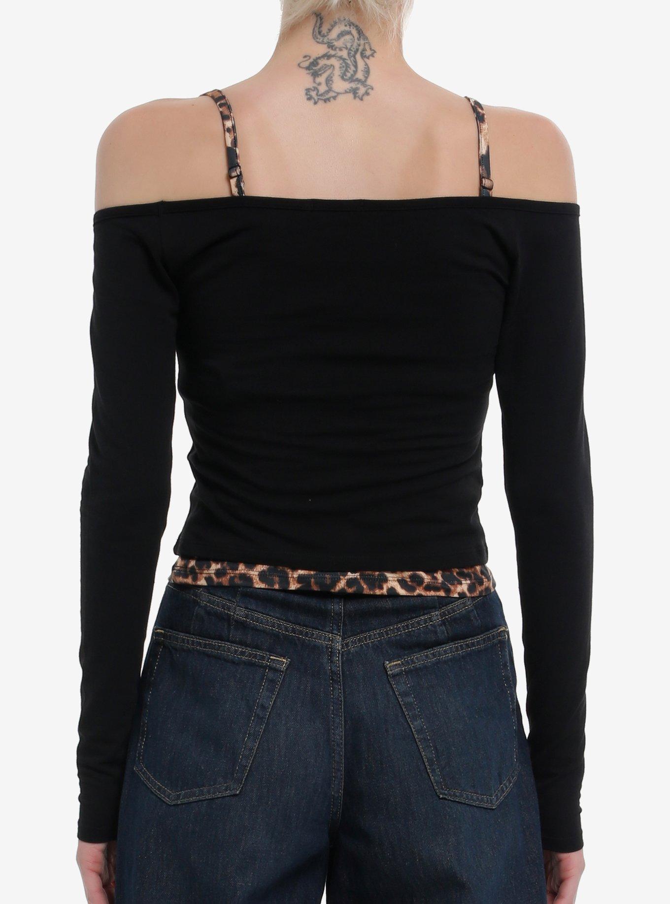 Black & Leopard Print Cami Winged Heart Girls Twofer Long-Sleeve Top, LEOPARD, alternate