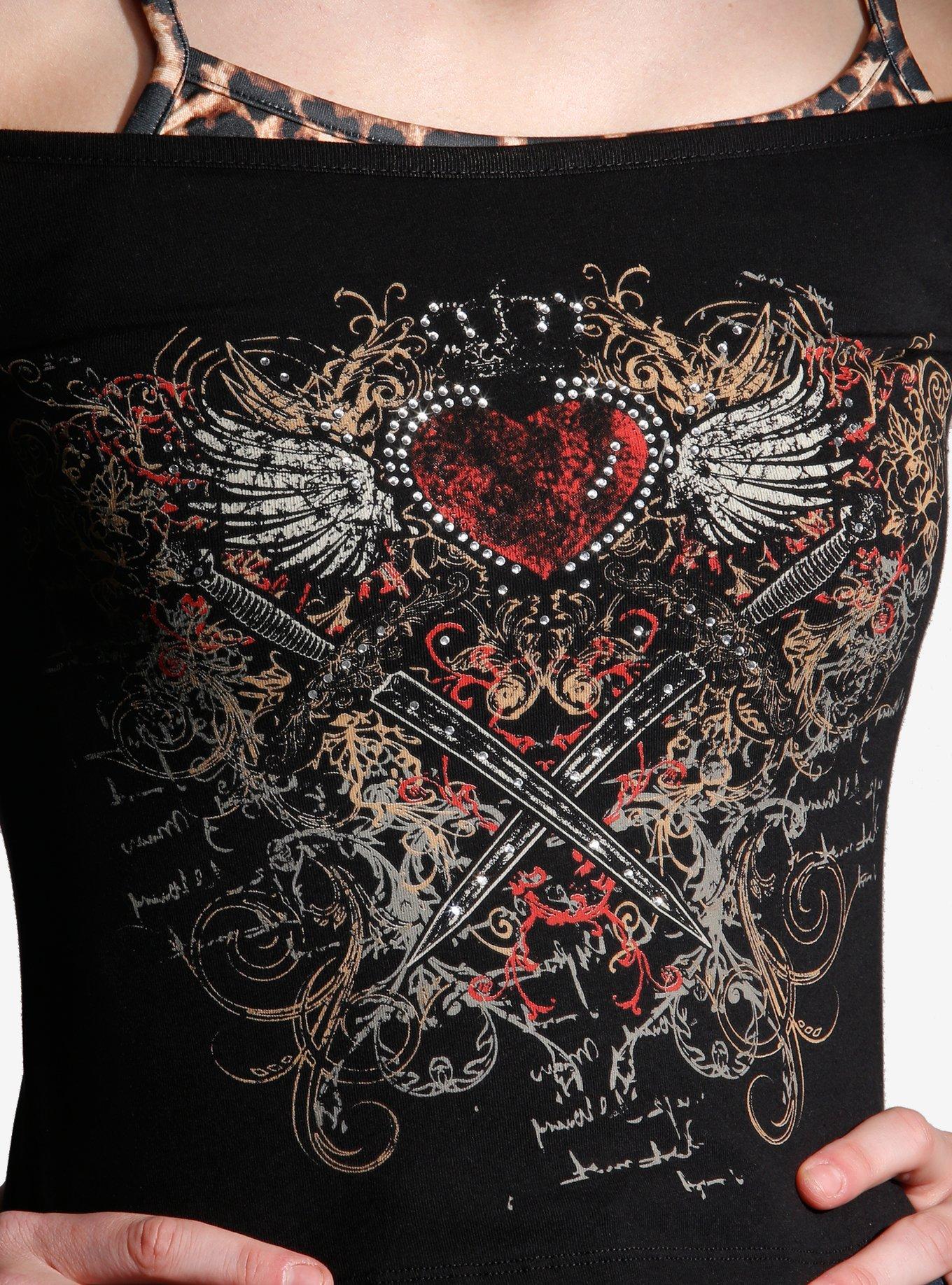 Black & Leopard Print Cami Winged Heart Girls Twofer Long-Sleeve Top, LEOPARD, alternate
