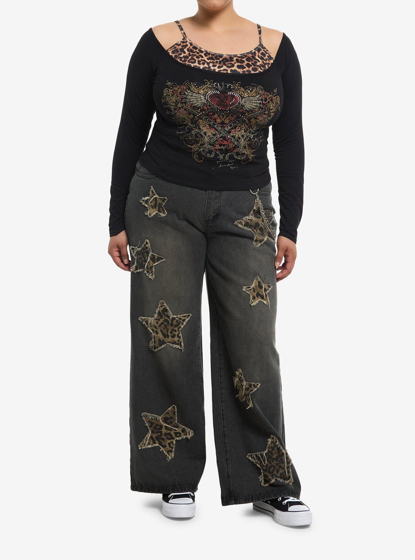 Black & Leopard Print Cami Winged Heart Girls Twofer Long-Sleeve Top Plus Size, , hi-res