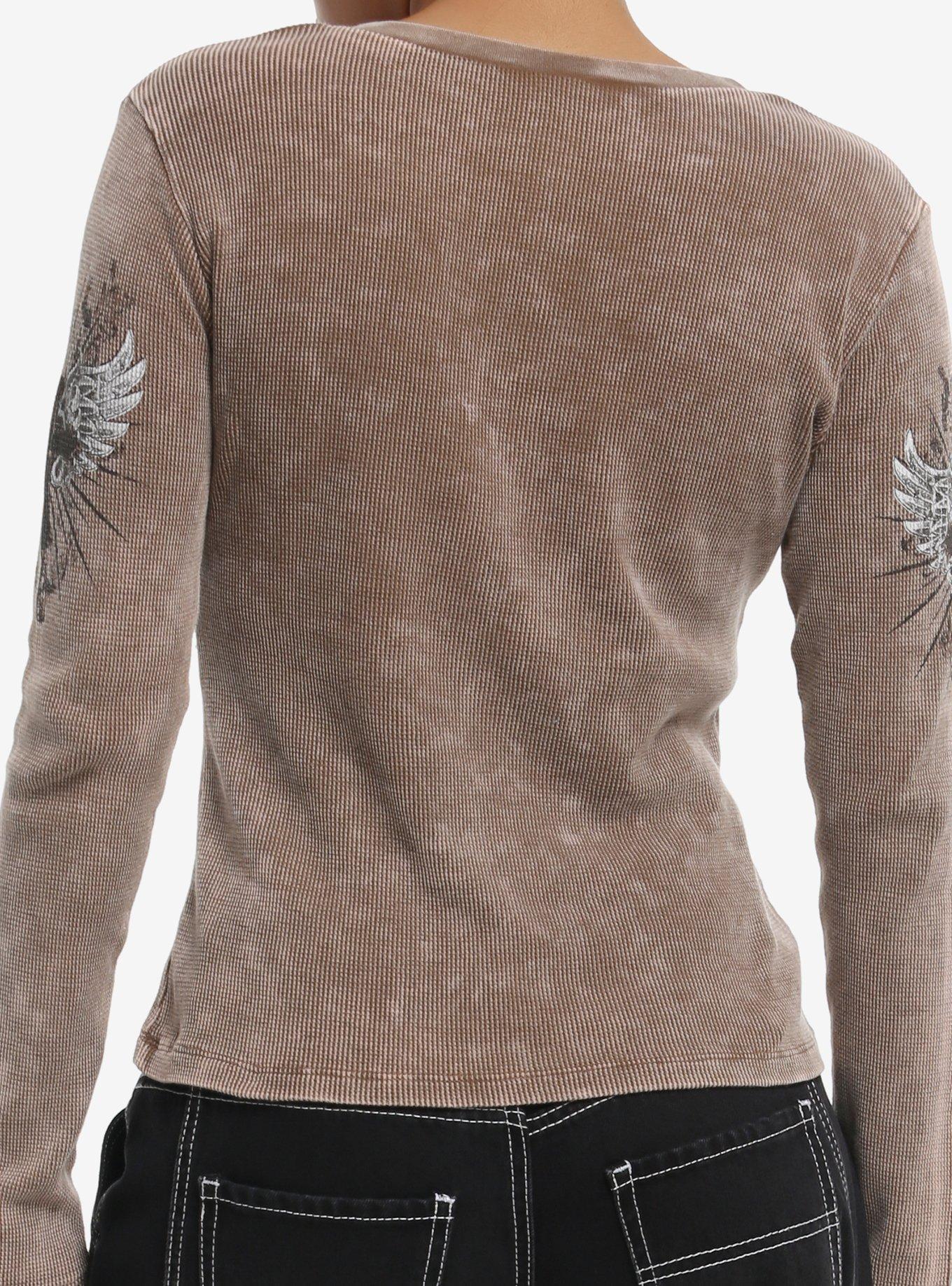 Brown Cross Filigree Ribbed Girls Long-Sleeve Top, BROWN, alternate
