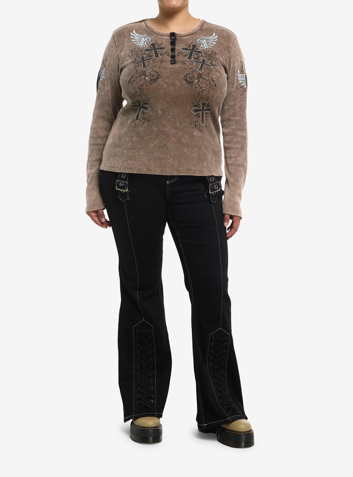Brown Cross Filigree Ribbed Girls Long-Sleeve Top Plus Size, , hi-res