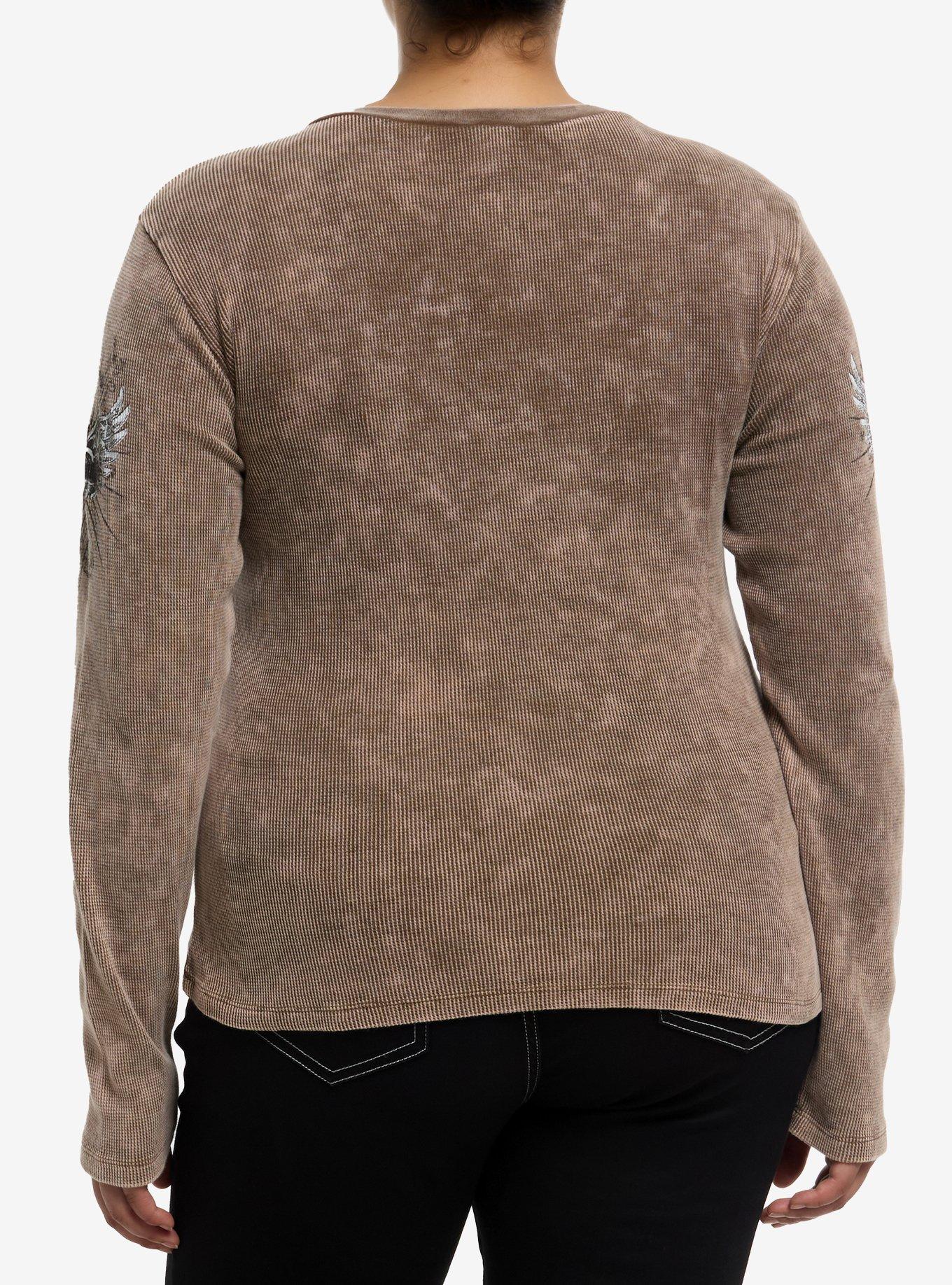Brown Cross Filigree Ribbed Girls Long-Sleeve Top Plus Size, BROWN, alternate