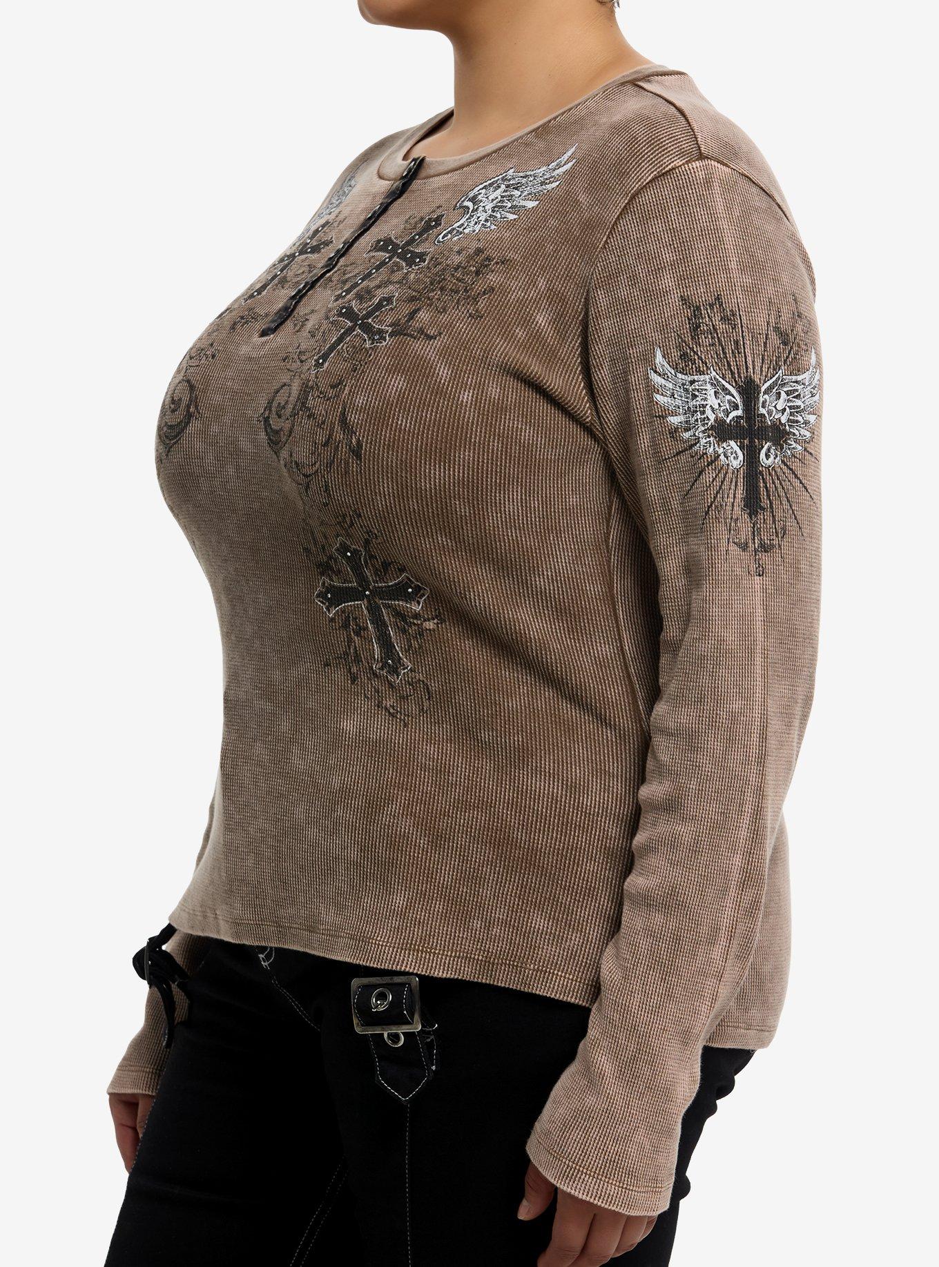Brown Cross Filigree Ribbed Girls Long-Sleeve Top Plus Size, BROWN, alternate