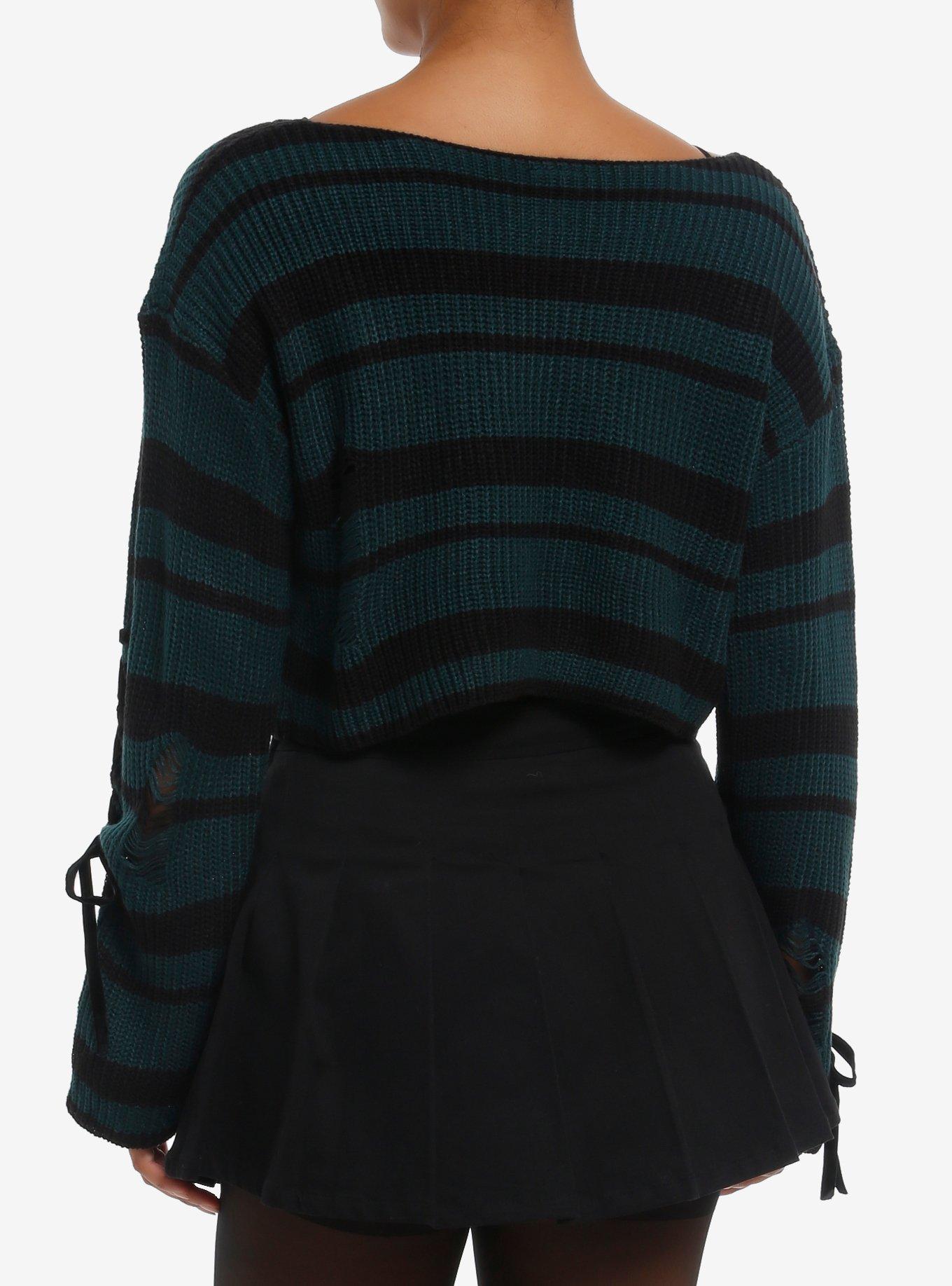 Dark Green & Black Destructed Knit Crop Girls Sweater, BLACK, alternate