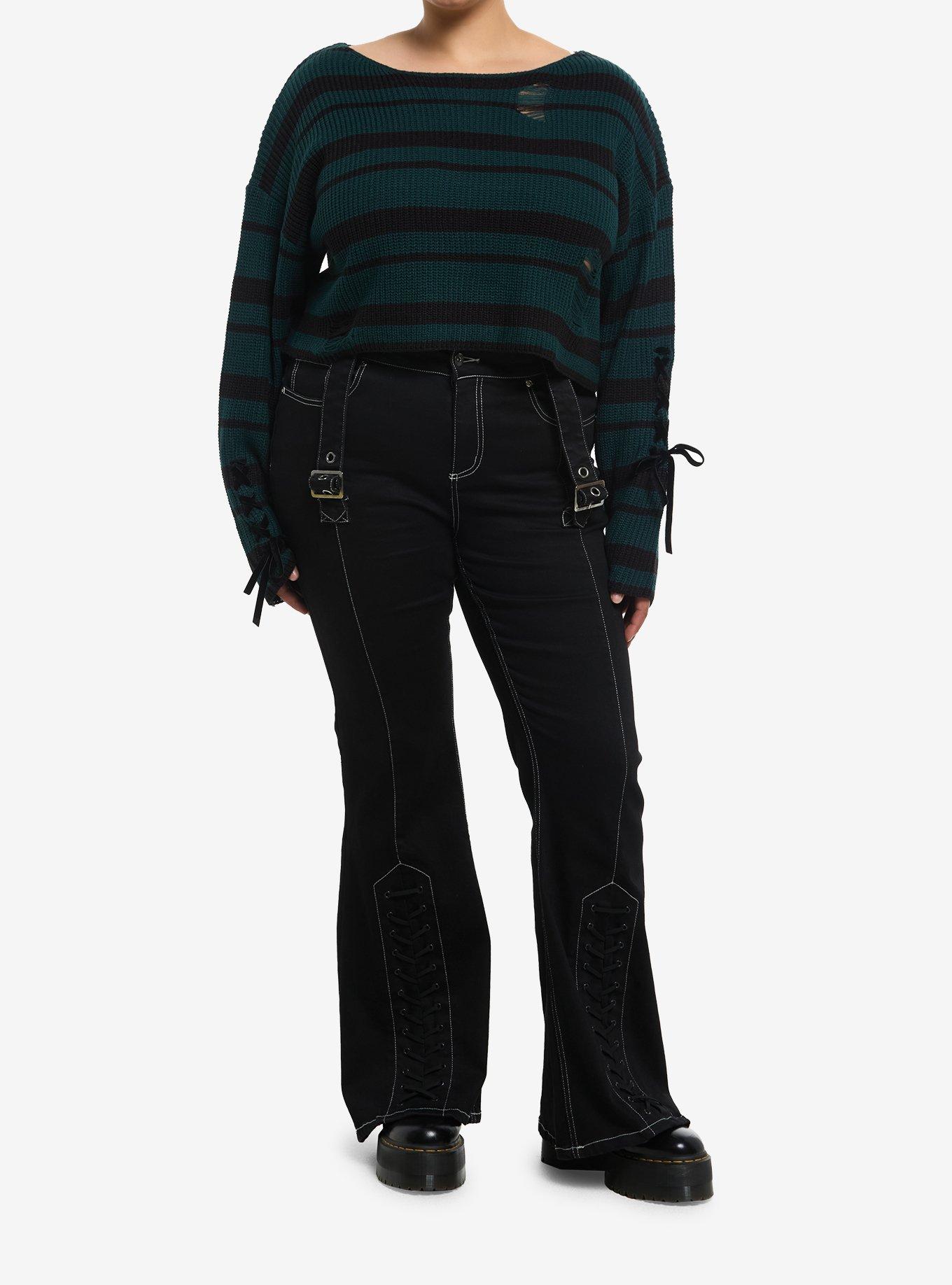 Dark Green & Black Destructed Knit Girls Crop Sweater, , hi-res