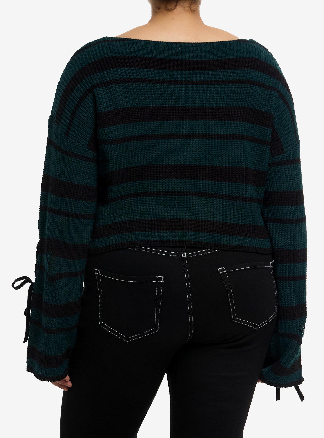 Dark Green & Black Destructed Knit Girls Crop Sweater, BLACK, alternate