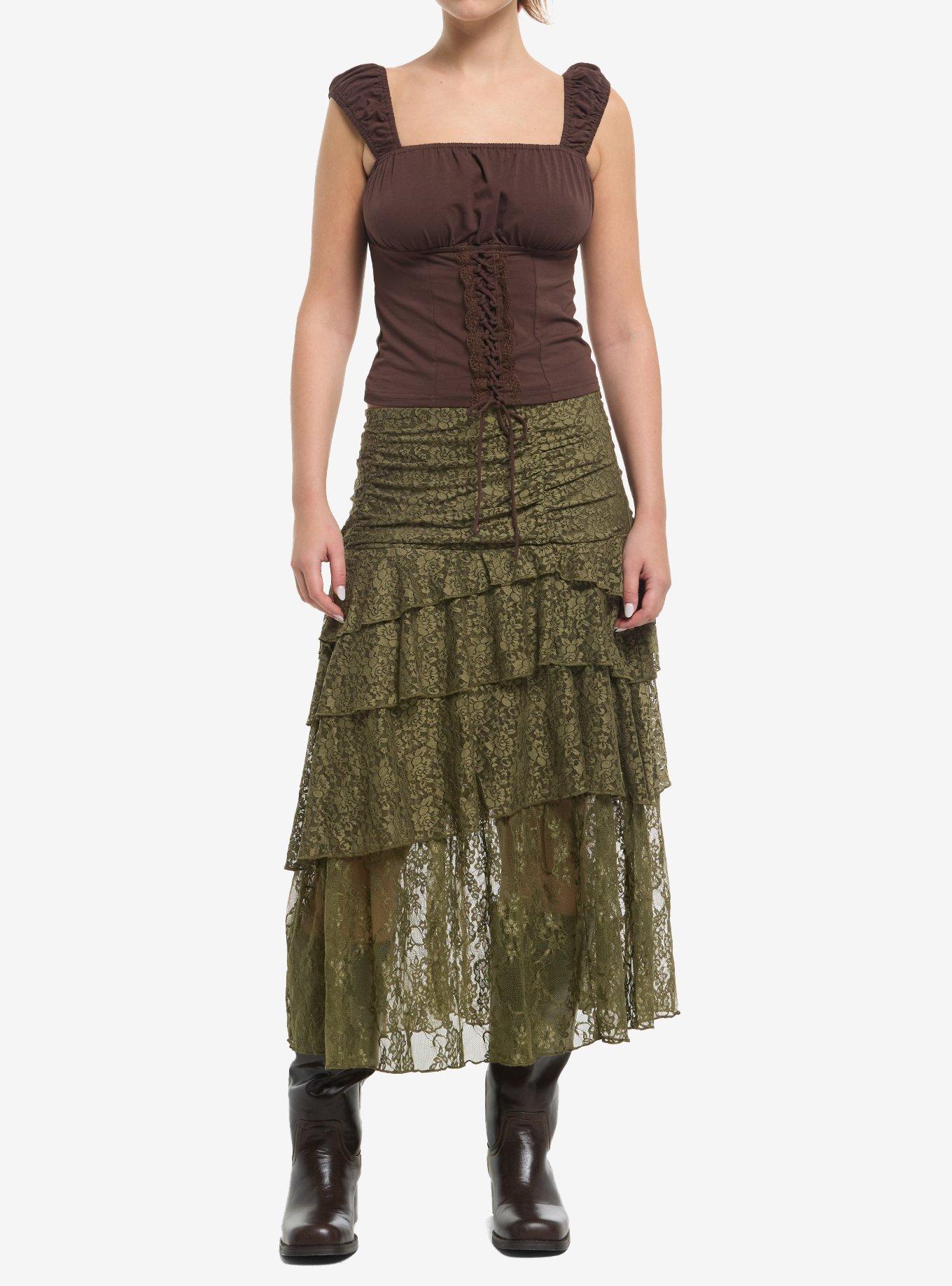 Thorn & Fable Brown Lace-Up Girls Tank Top, , hi-res