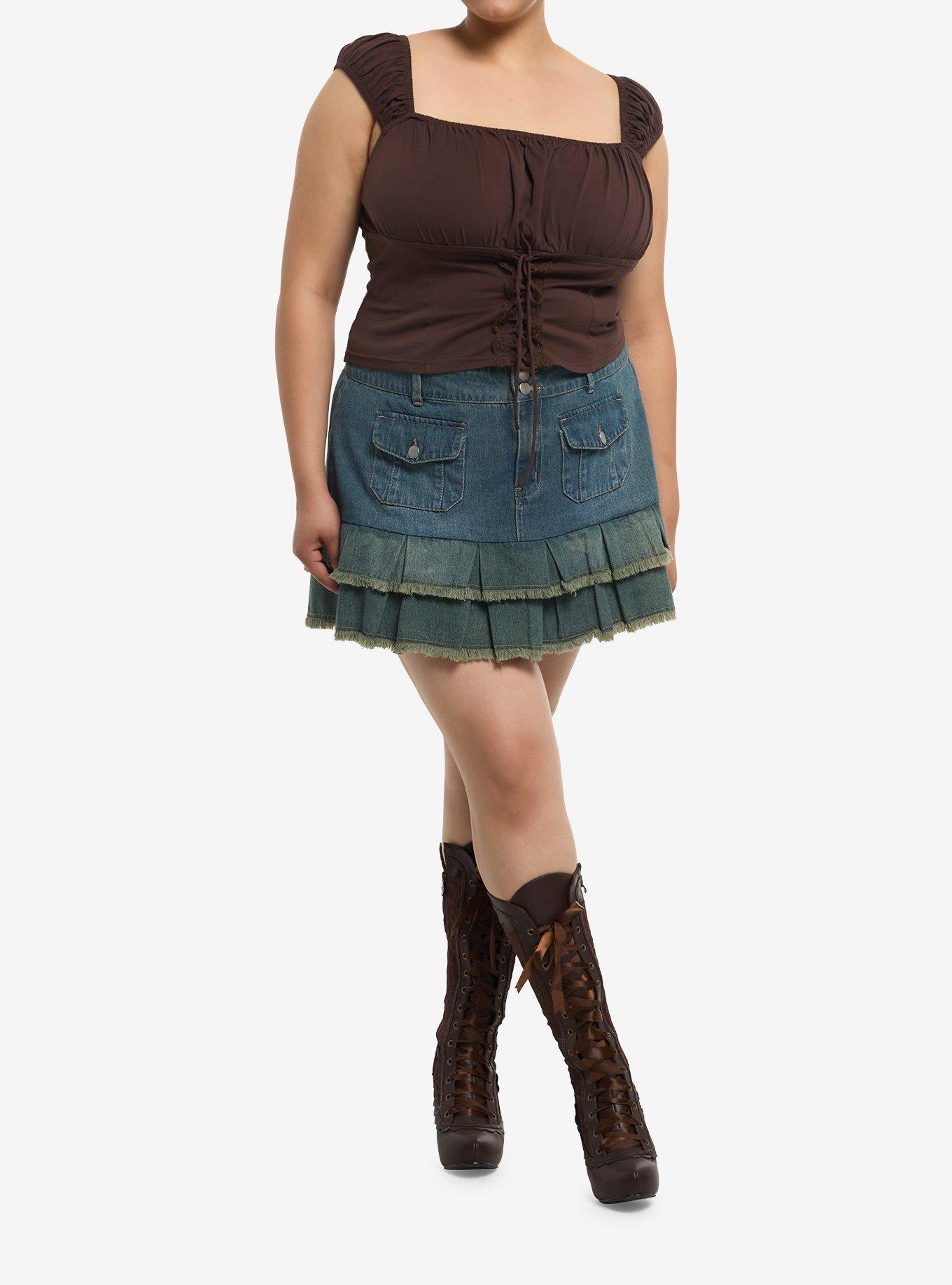 Thorn & Fable Brown Cap Sleeve Lace-Up Girls Tank Top Plus Size, , hi-res