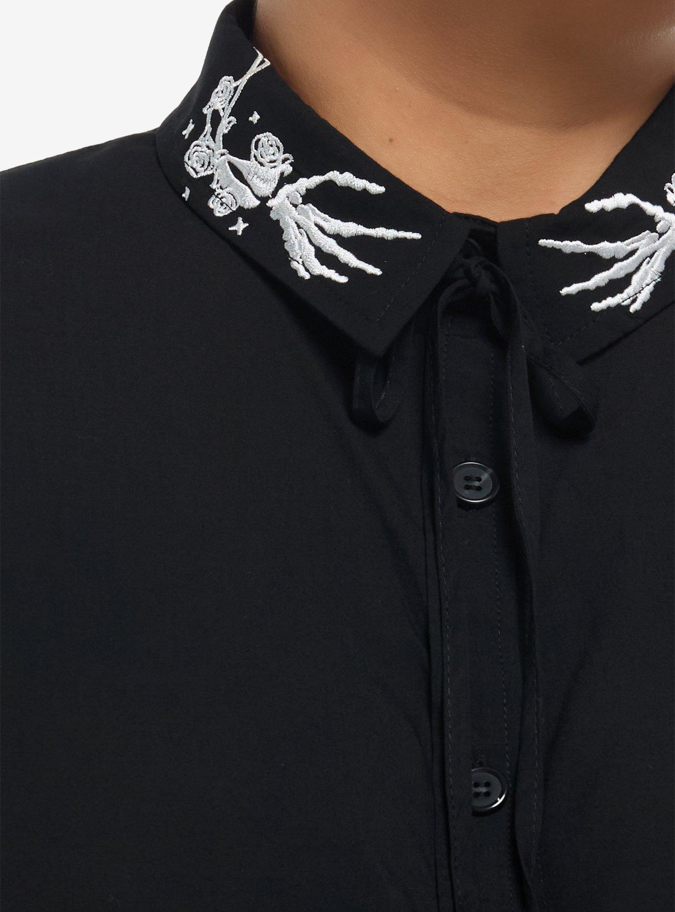 Skeleton Hand & Roses Girls Crop Woven Top Plus Size, BLACK, alternate