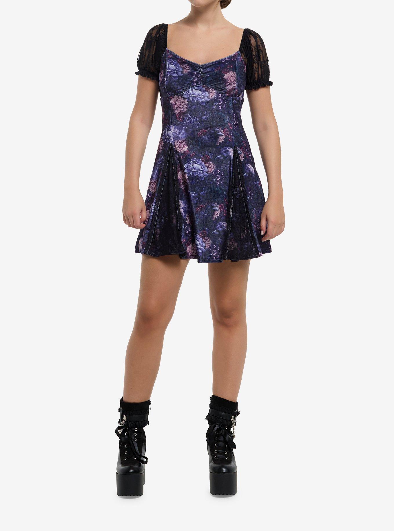 Cosmic Aura Purple Floral Velvet Puff Sleeve Mini Dress, , hi-res
