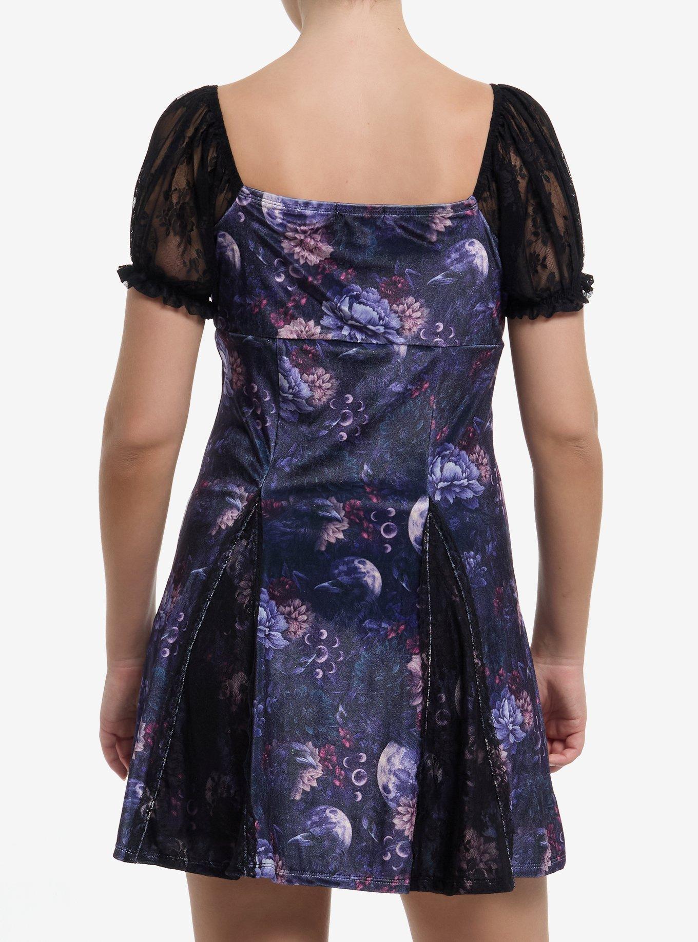 Cosmic Aura Purple Floral Velvet Puff Sleeve Mini Dress, BLUE, alternate