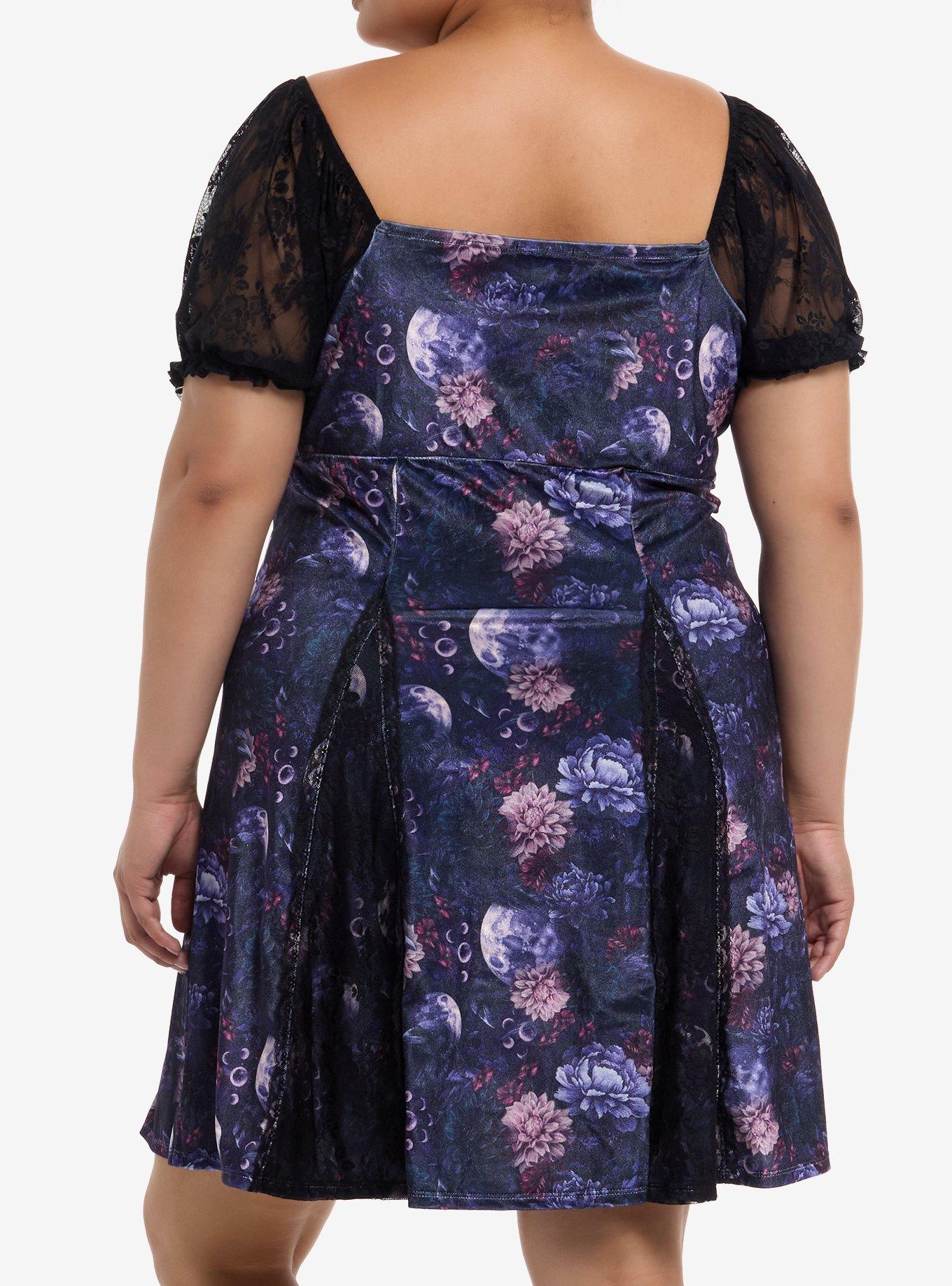 Cosmic Aura Purple Floral Velvet Puff Sleeve Mini Dress Plus Size, BLUE, alternate