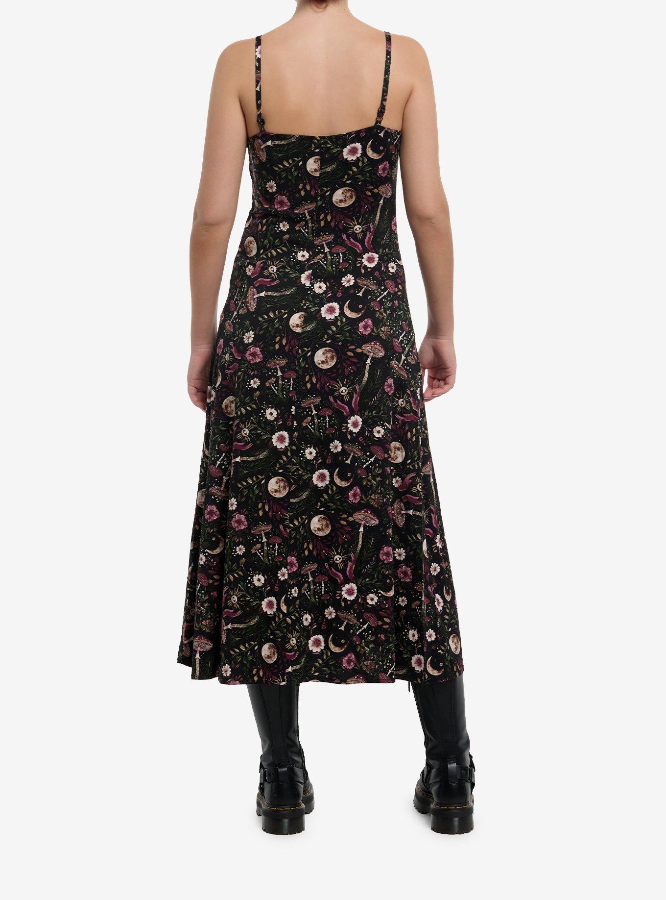 Cosmic Aura Dark Mushroom & Moon Strappy Midi Dress, , hi-res