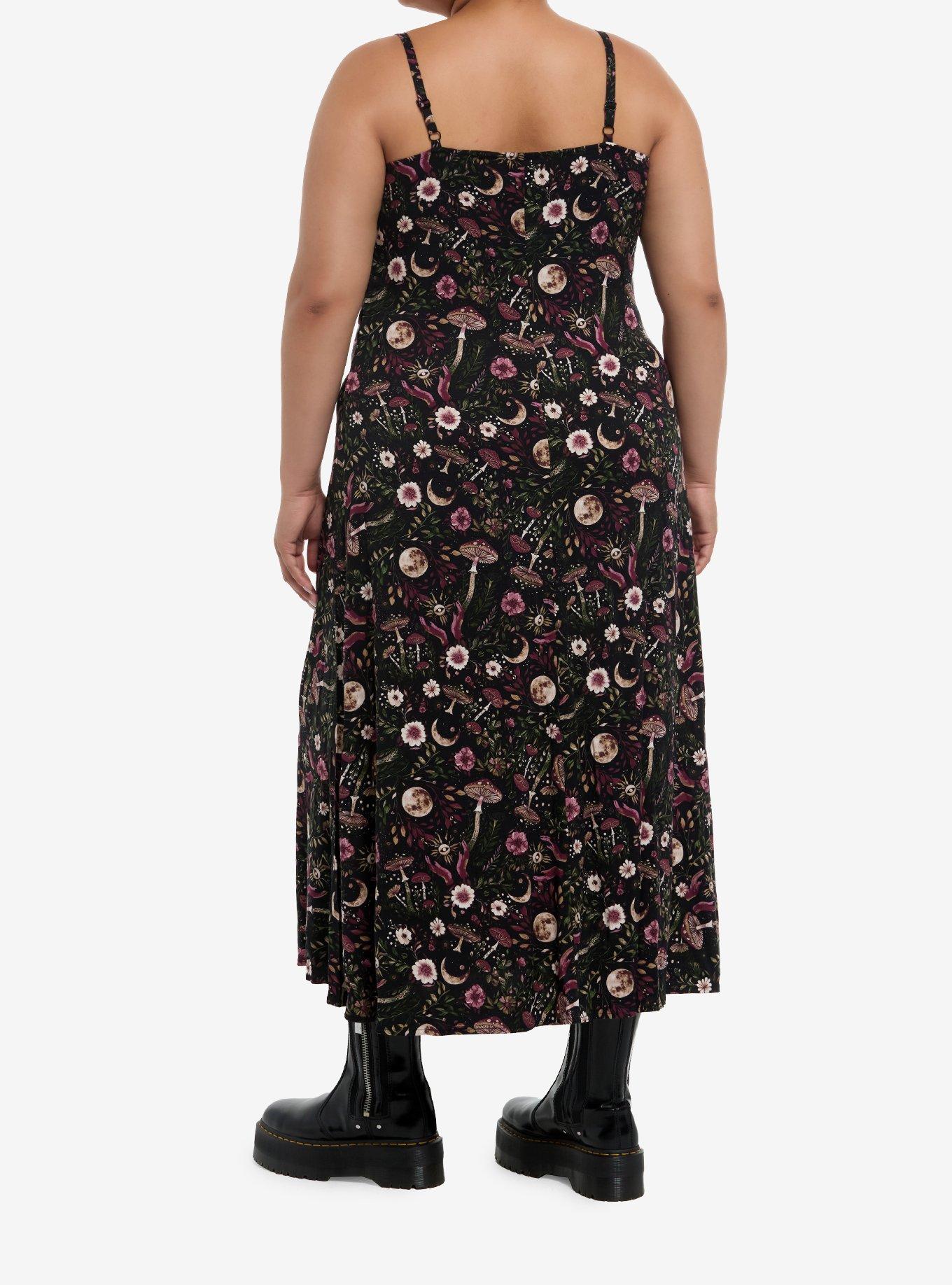 Cosmic Aura Dark Mushroom & Moon Strappy Midi Dress Plus Size, , hi-res