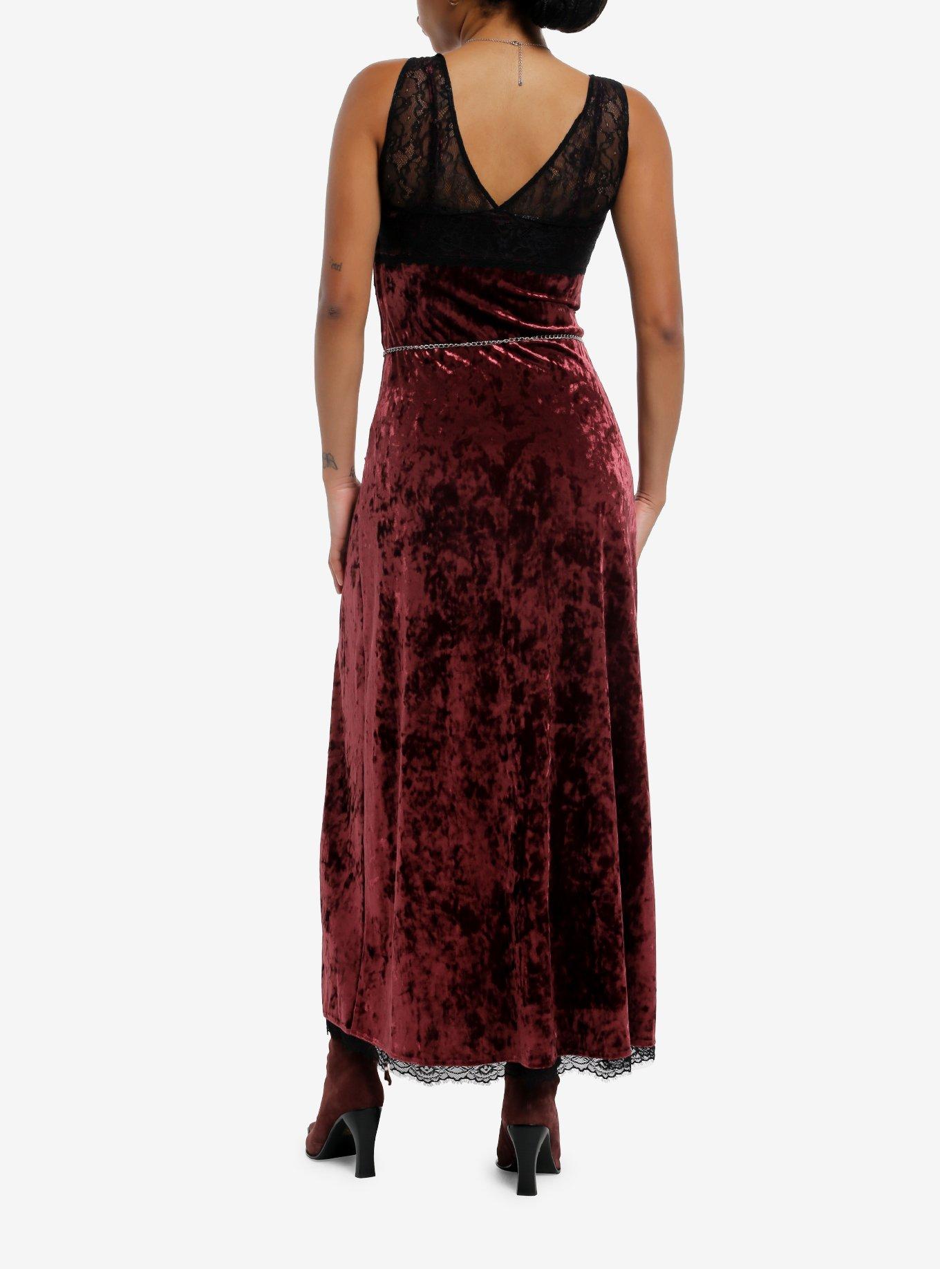 Cosmic Aura Maroon Velvet Moon Chain Slit Maxi Dress, , hi-res
