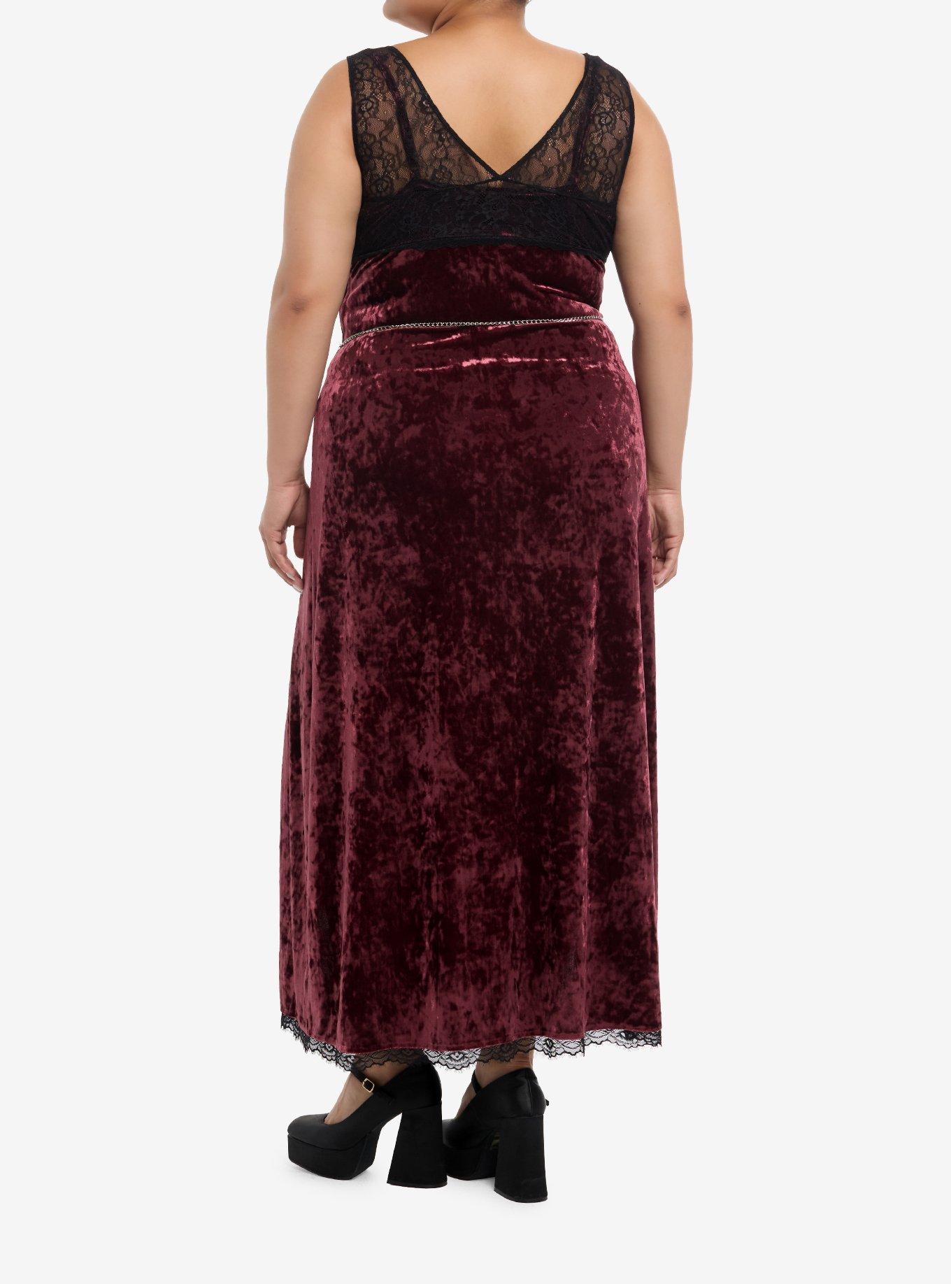 Cosmic Aura Maroon Velvet Moon Chain Slit Maxi Dress Plus Size, , hi-res