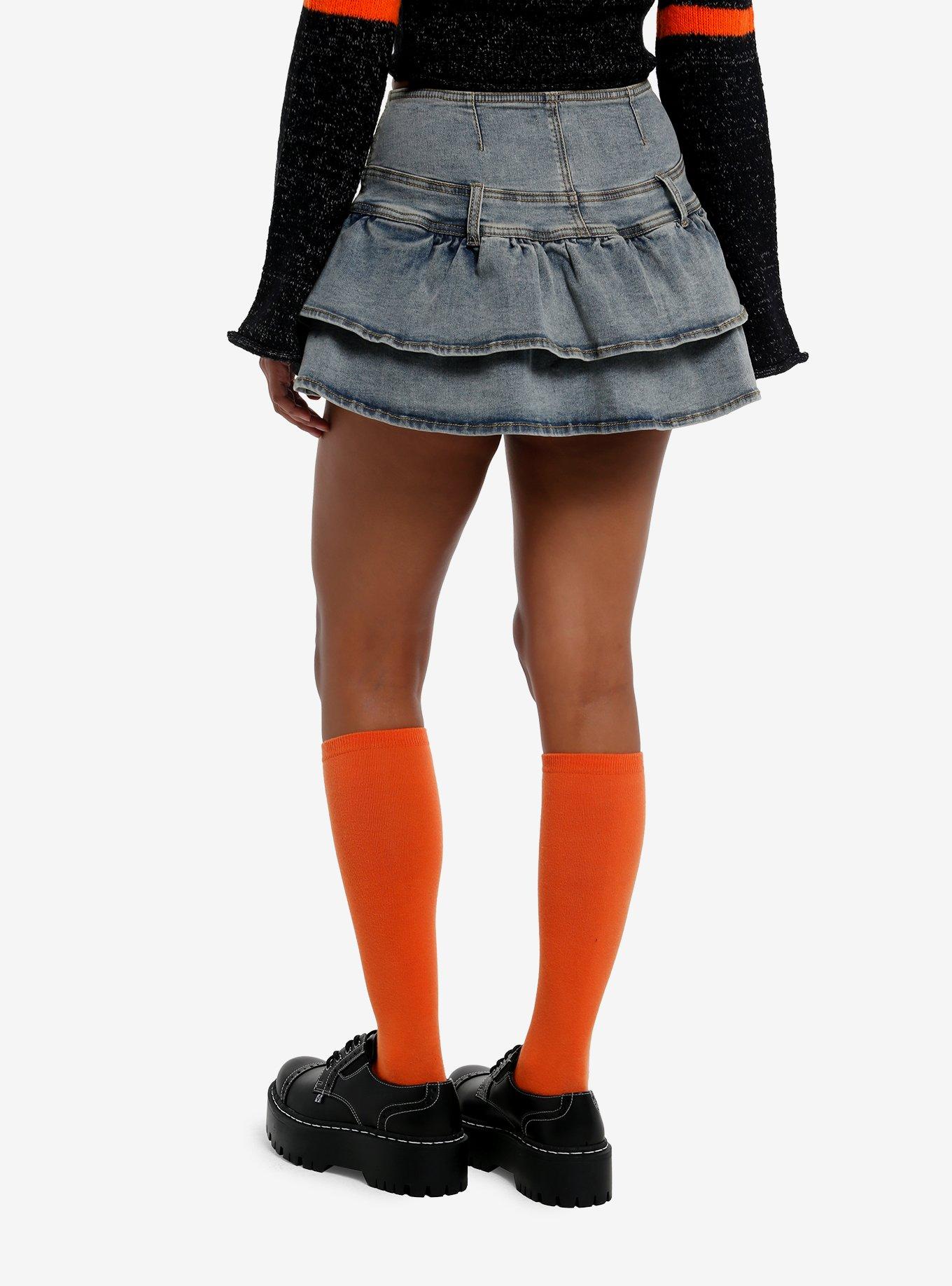 Light Indigo Ruffle Denim Mini Skort With Ghost Charm, , hi-res