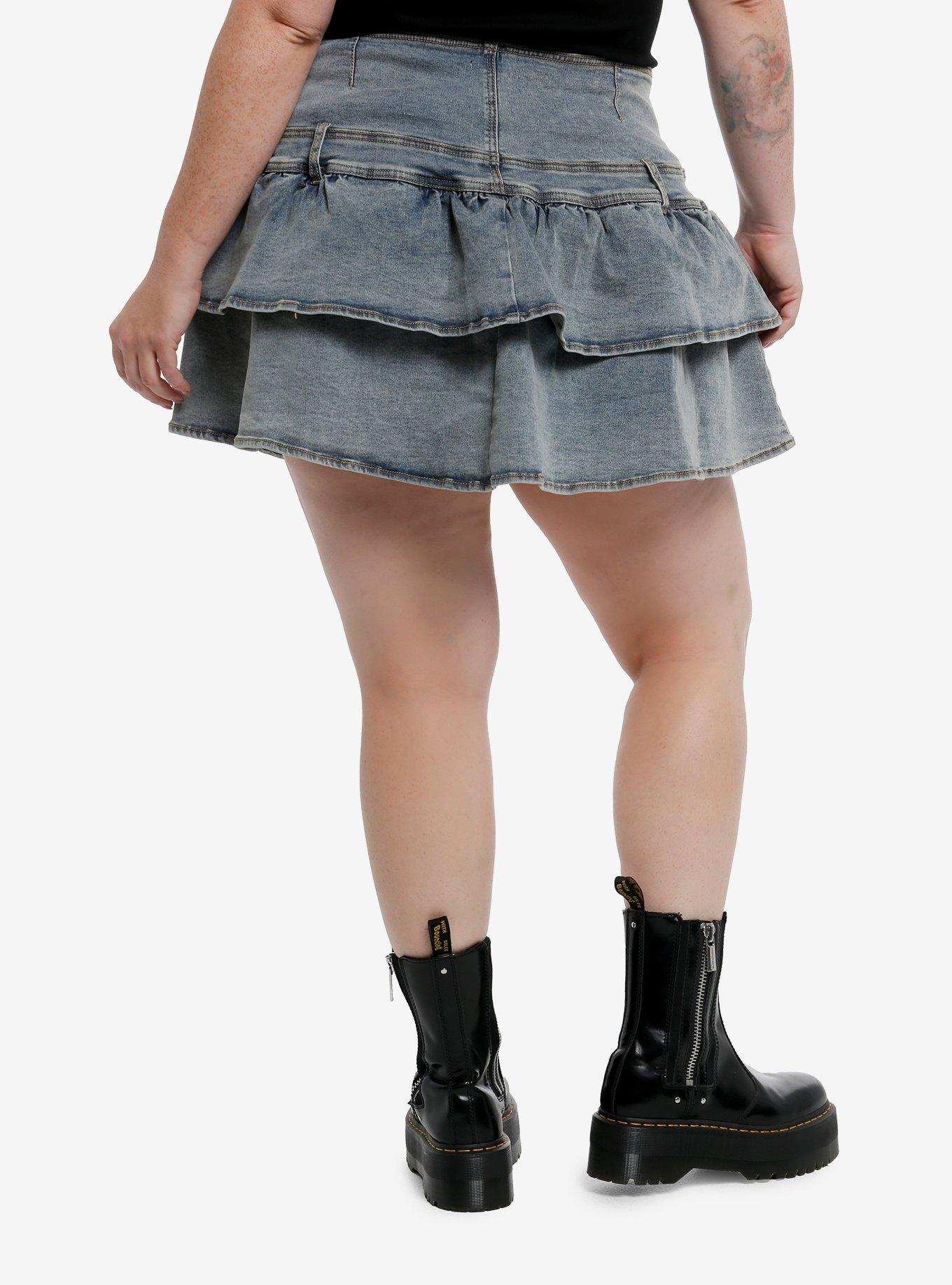 Light Indigo Ruffle Denim Mini Skort With Ghost Charm Plus Size, , hi-res