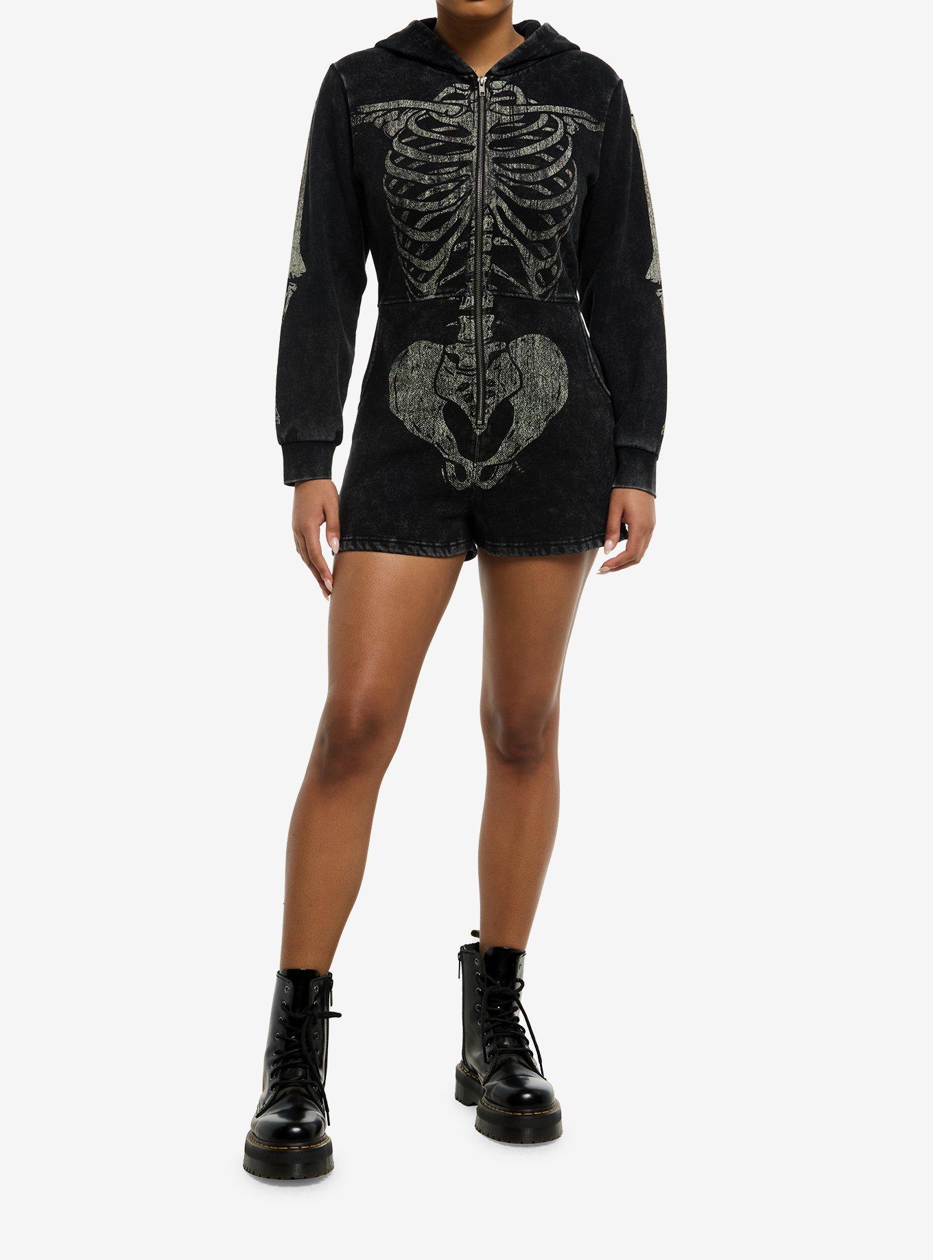 Skeleton Black Mineral Wash Hooded Girls Romper, , hi-res