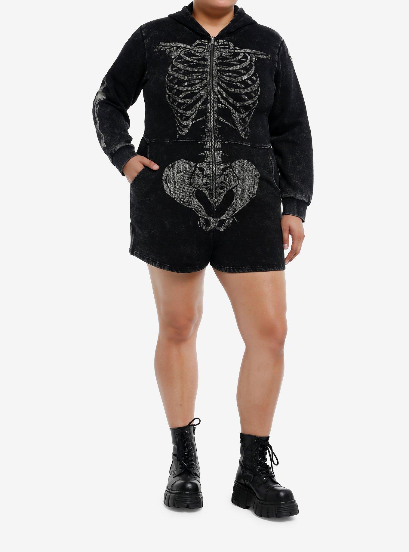 Skeleton Black Mineral Wash Hooded Girls Romper Plus Size, , hi-res