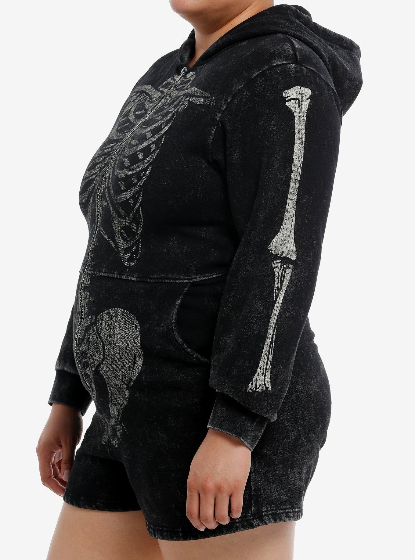 Skeleton Black Mineral Wash Hooded Girls Romper Plus Size, GREY, alternate