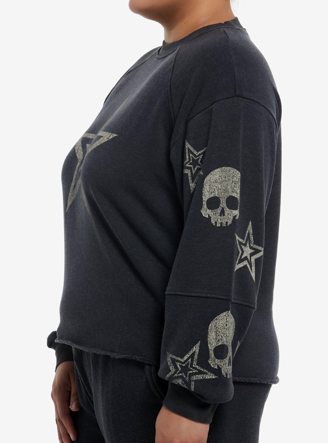 Star & Skull Print Girls Crop Sweatshirt Plus Size, GREY, alternate
