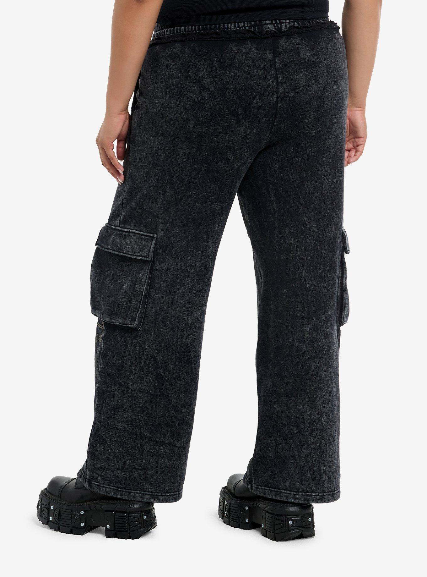 Skull Filigree Dark Wash Cargo Wide Leg Sweatpants Plus Size, , hi-res