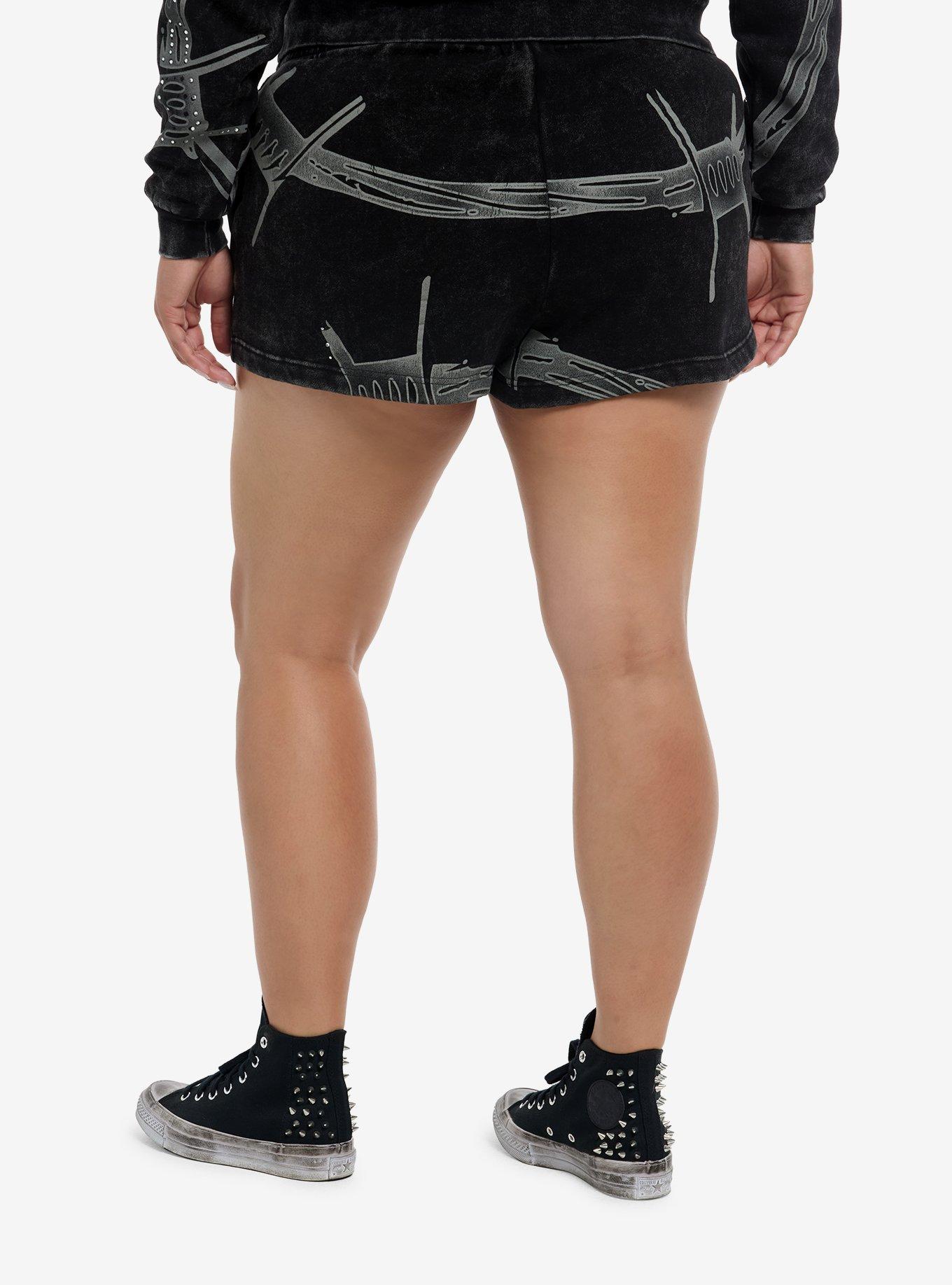 Black Wash Rhinestone Barbed Wire Girls Lounge Shorts Plus Size, GREY, alternate
