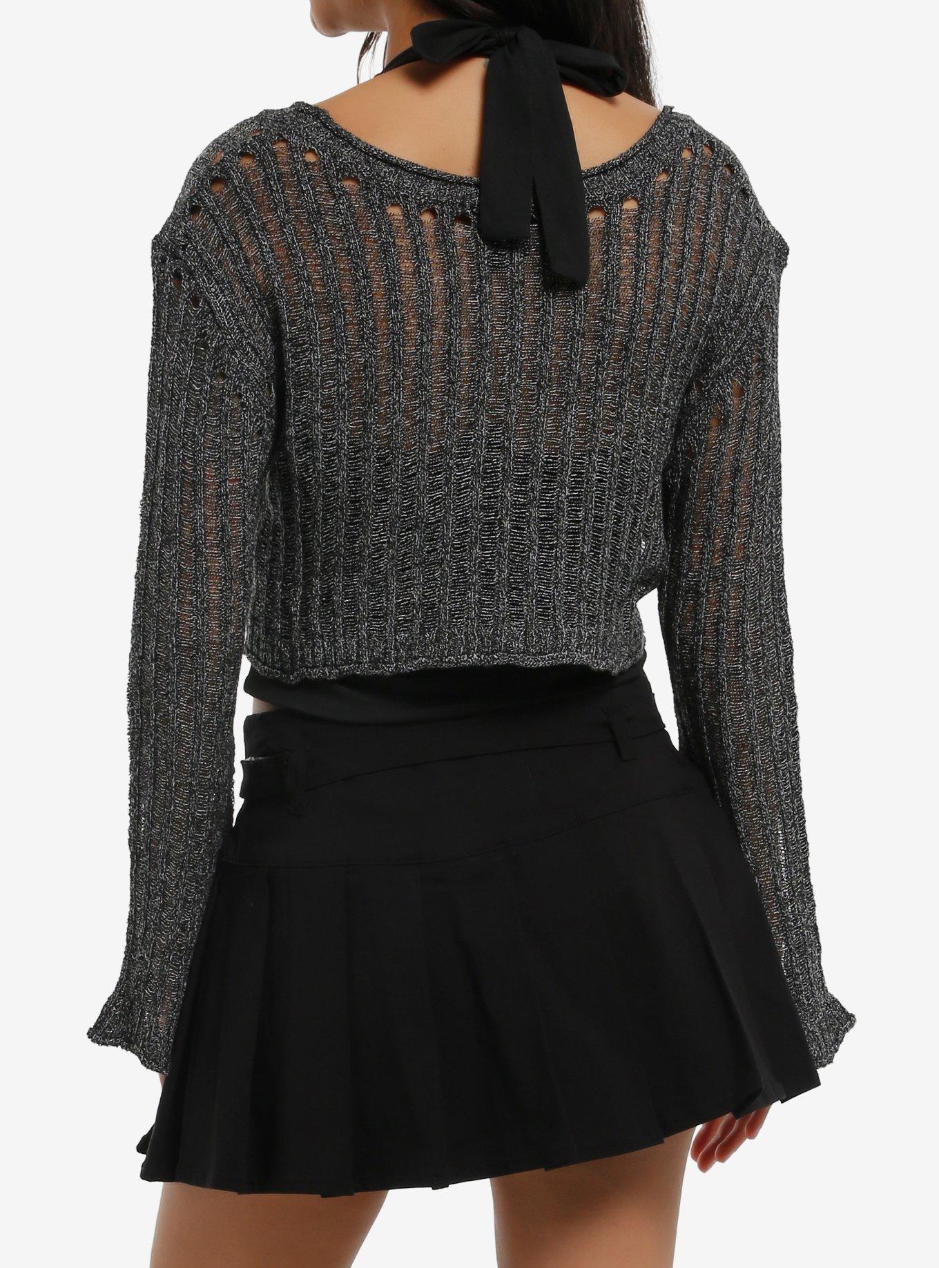Black & Grey Knit Girls Twofer Sweater, BLACK, alternate