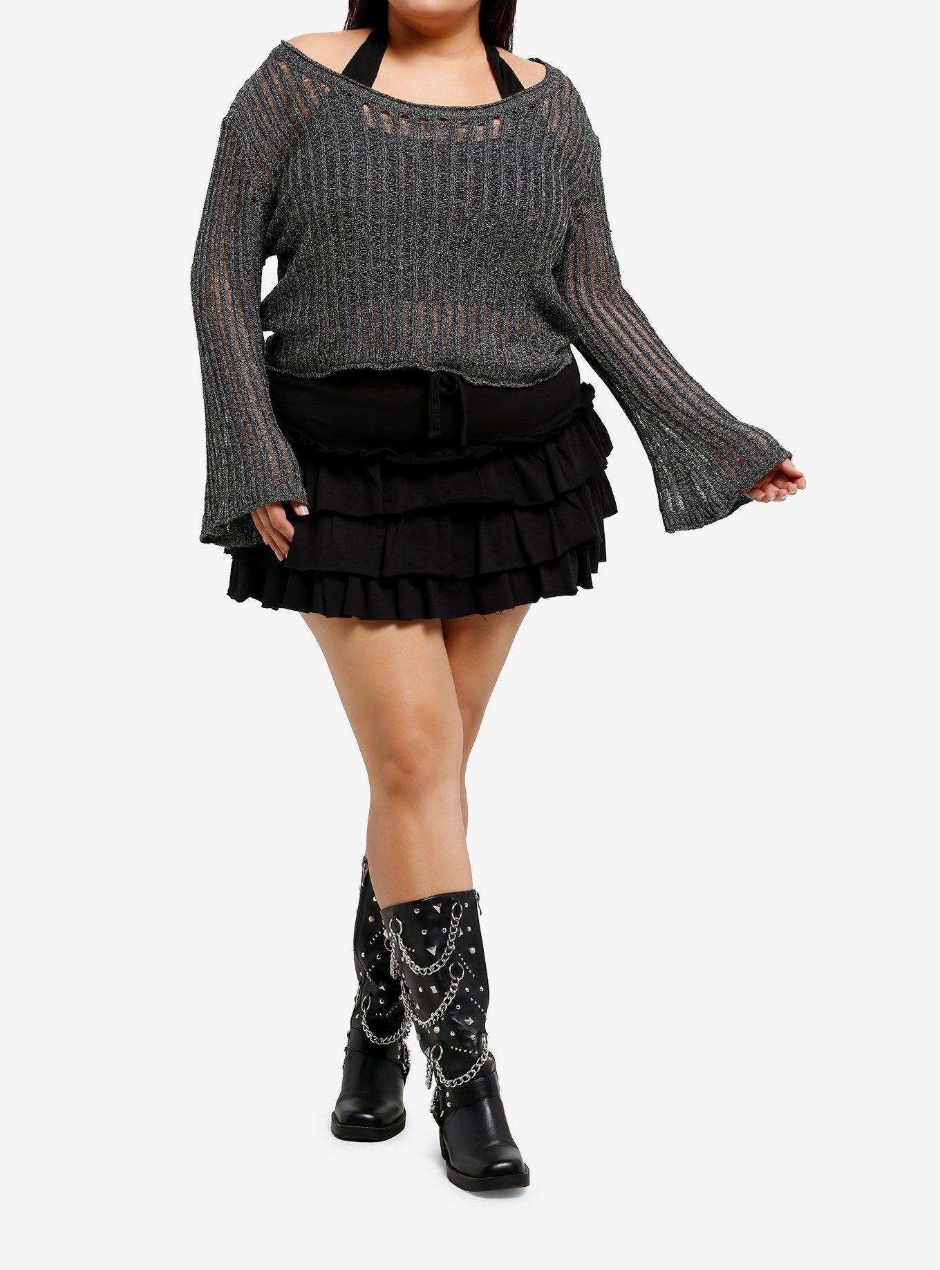 Black & Grey Knit Girls Twofer Sweater Plus Size, , hi-res