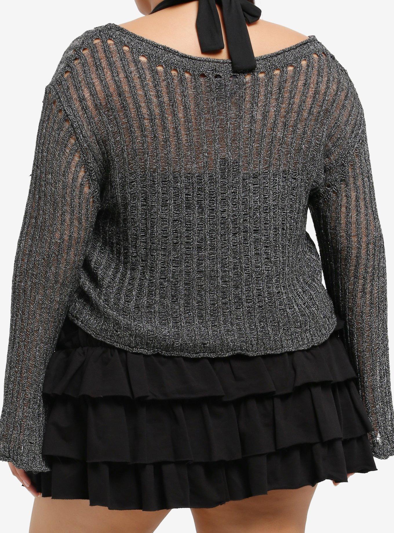 Black & Grey Knit Girls Twofer Sweater Plus Size, BLACK, alternate