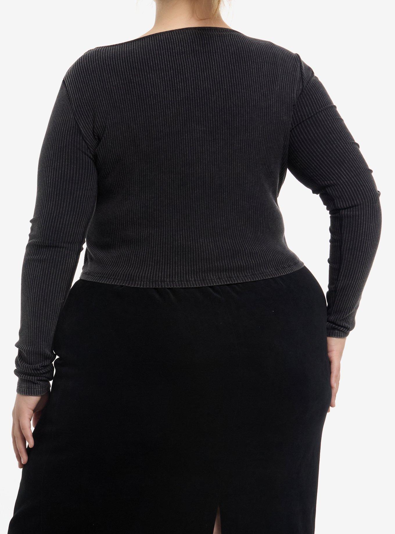 Washed Black & White Lace Cami Girls Crop Twofer Long-Sleeve Top Plus Size, , alternate