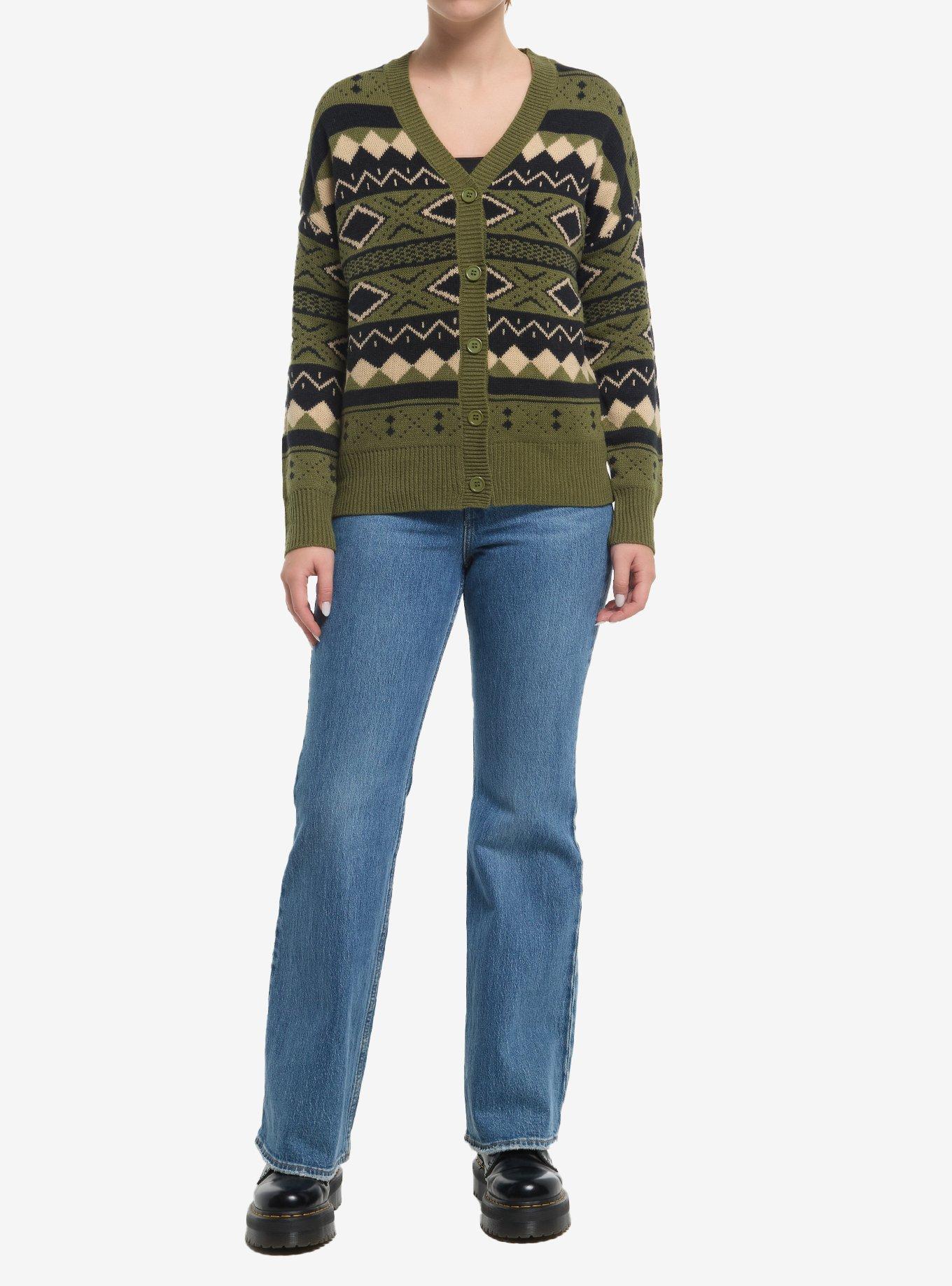 Thorn & Fable Green Black & Cream Geometric Girls Cardigan, , hi-res