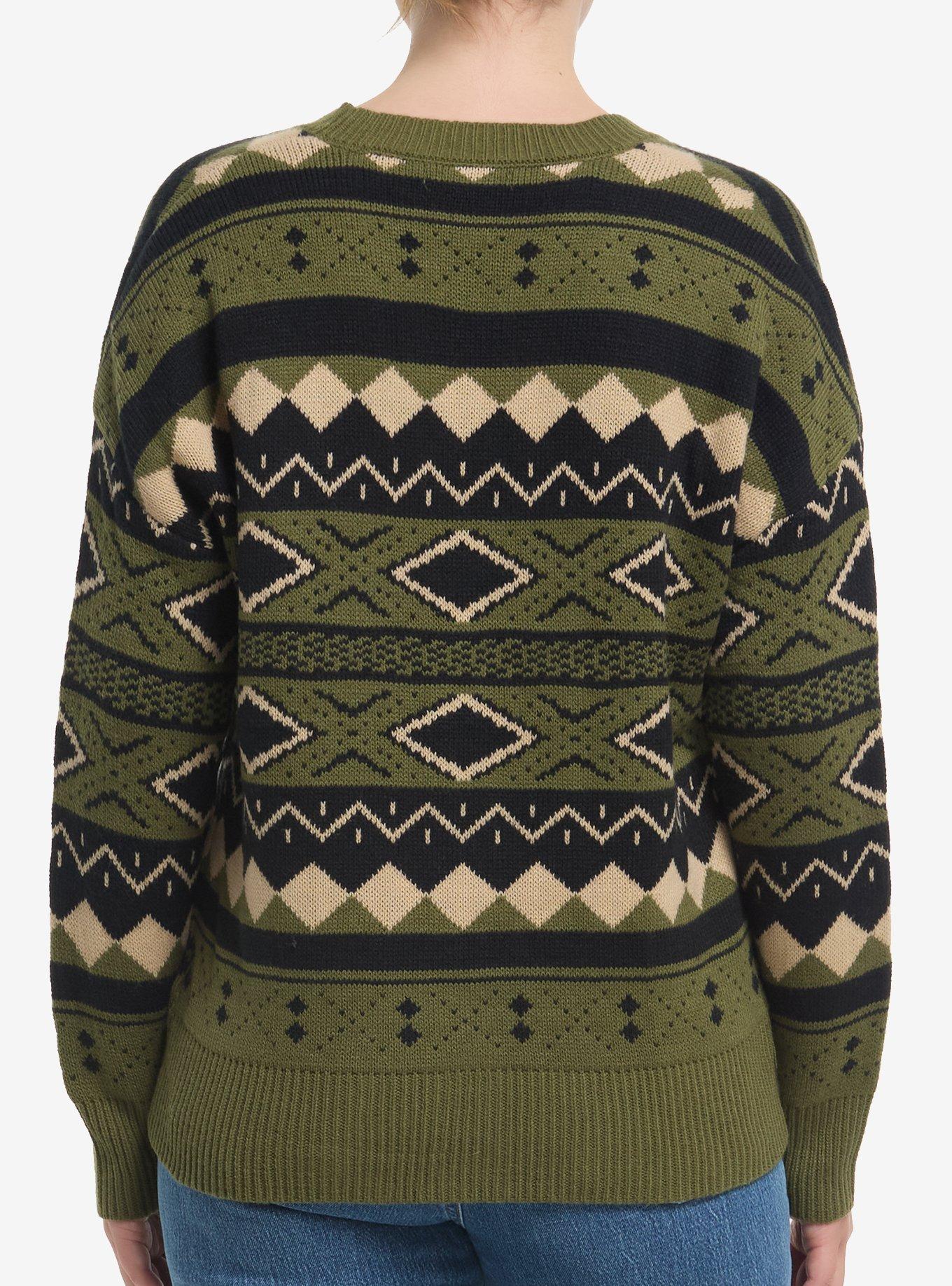Thorn & Fable Green Black & Cream Geometric Girls Cardigan, GREEN, alternate