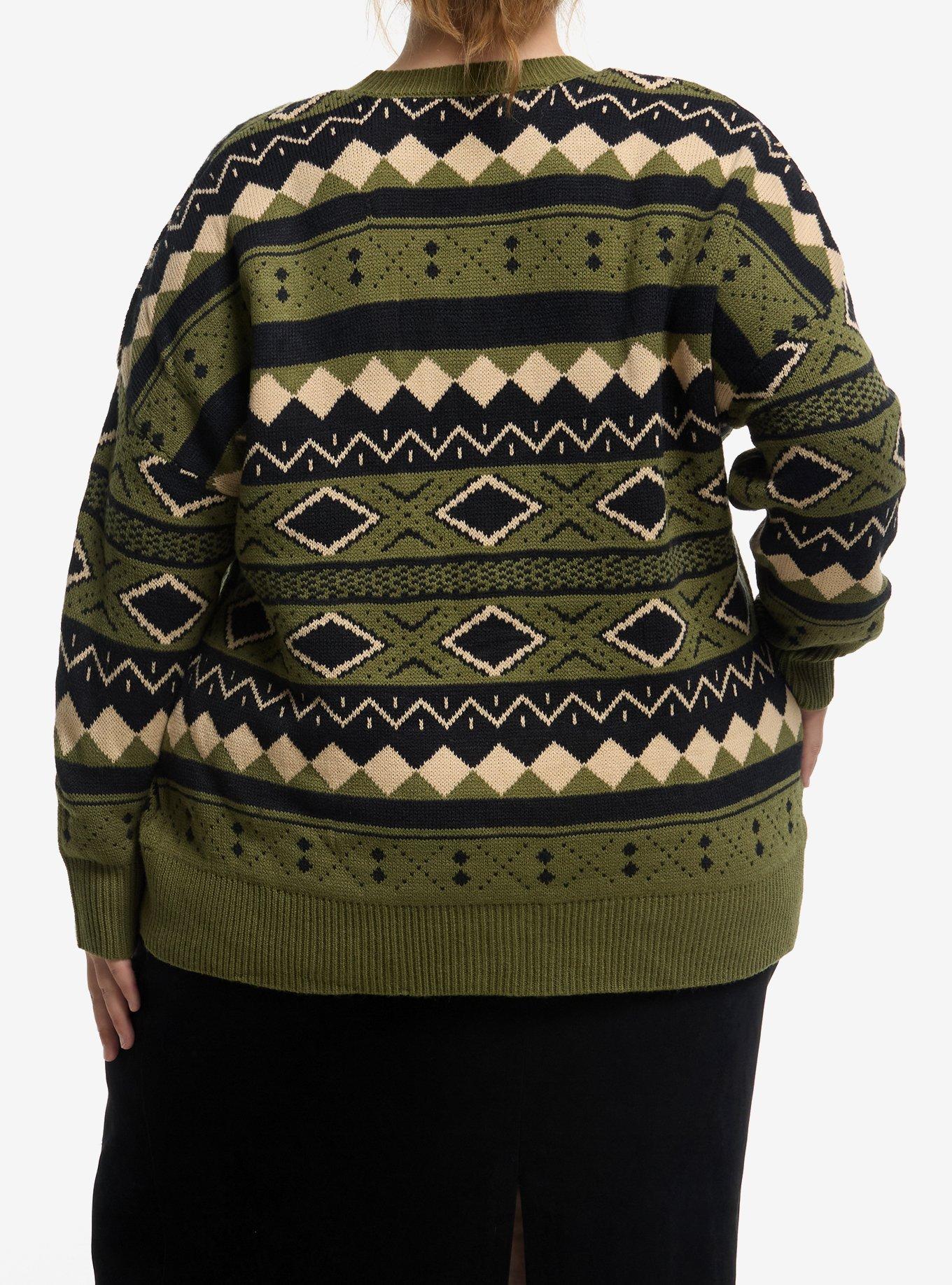 Thorn & Fable Green Black & Cream Geometric Girls Cardigan Plus Size, GREEN, alternate