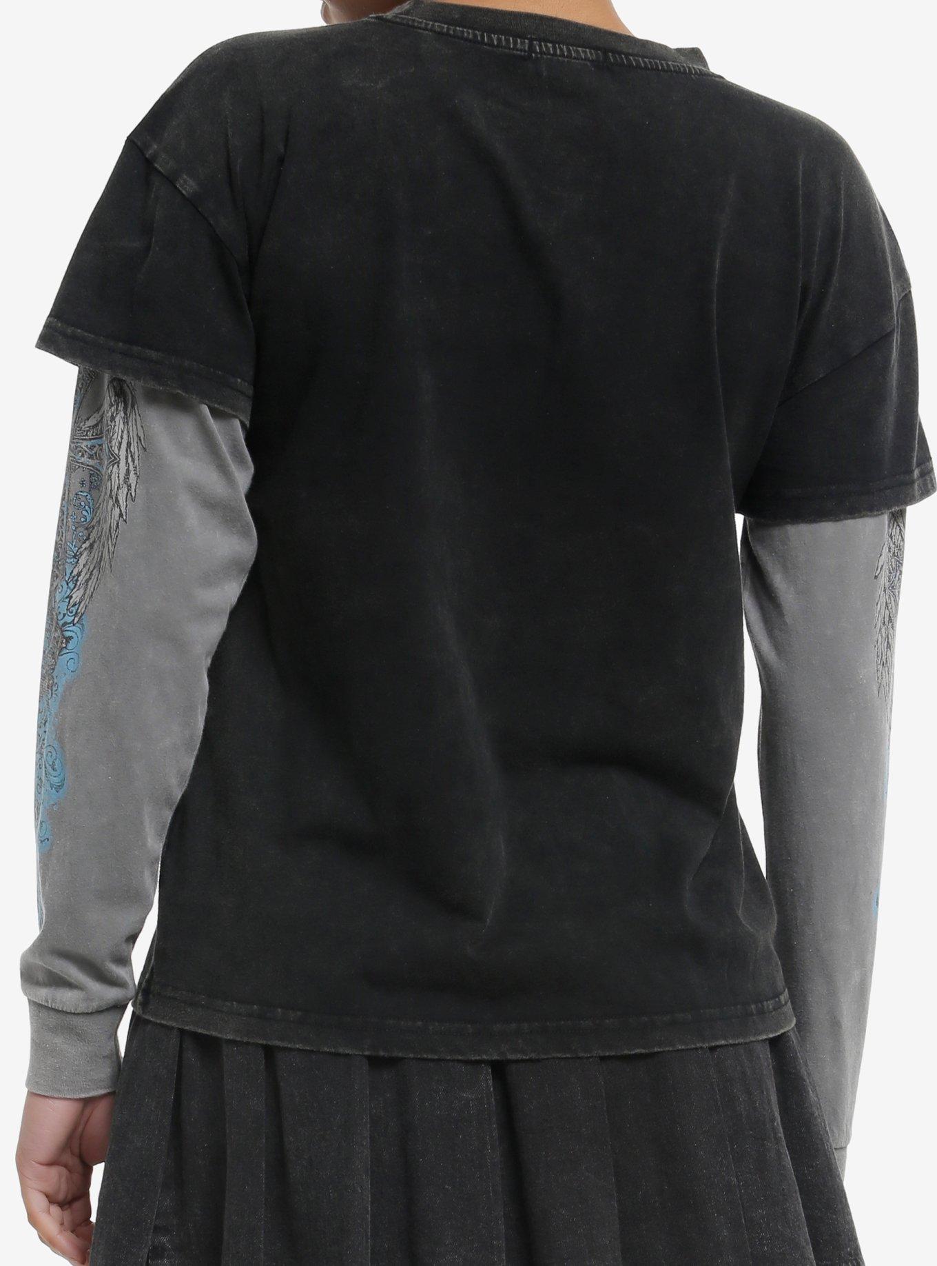 Winged Cross Rhinestone Girls Twofer Long-Sleeve T-Shirt, GREY, alternate