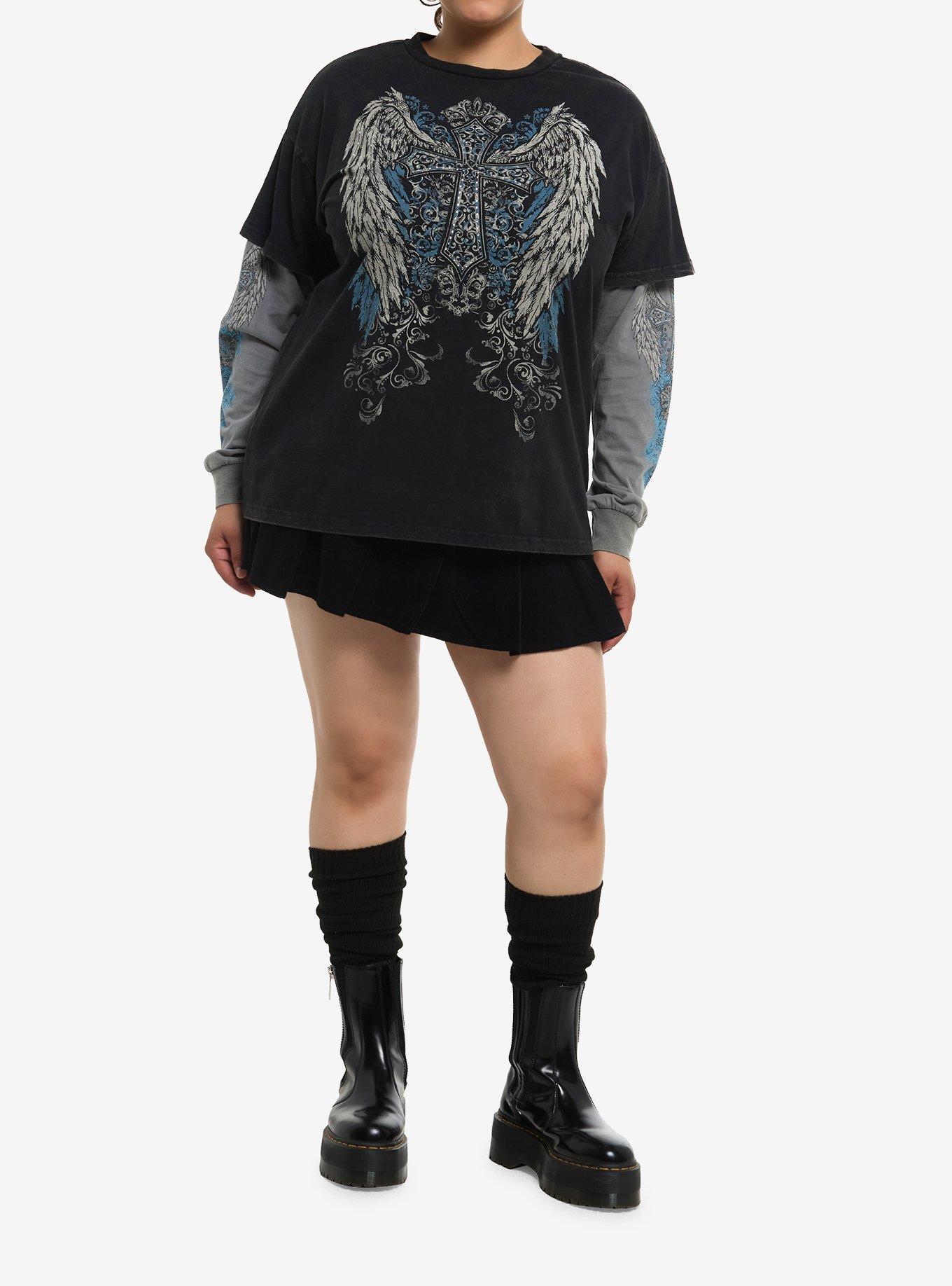 Winged Cross Rhinestone Girls Twofer Long-Sleeve T-Shirt Plus Size, , hi-res