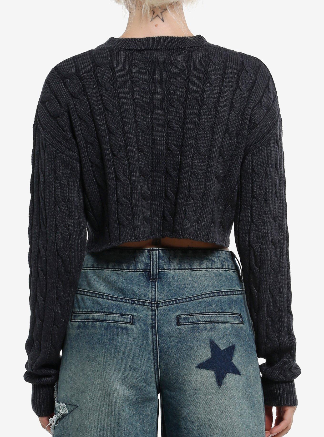 Grey Cable Knit Girls Crop Sweater, BLACK, alternate