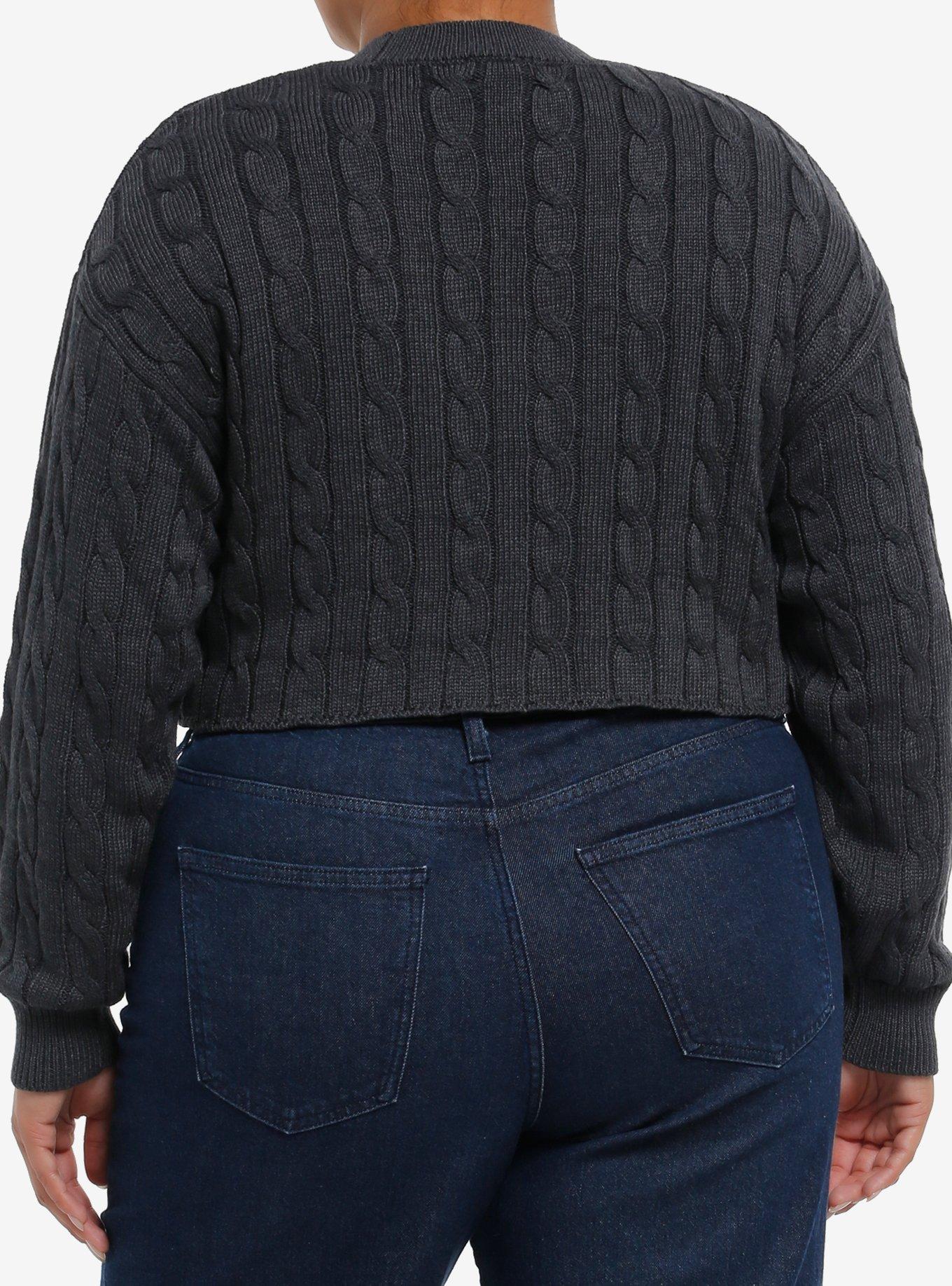 Grey Cable Knit Girls Crop Sweater Plus Size, BLACK, alternate