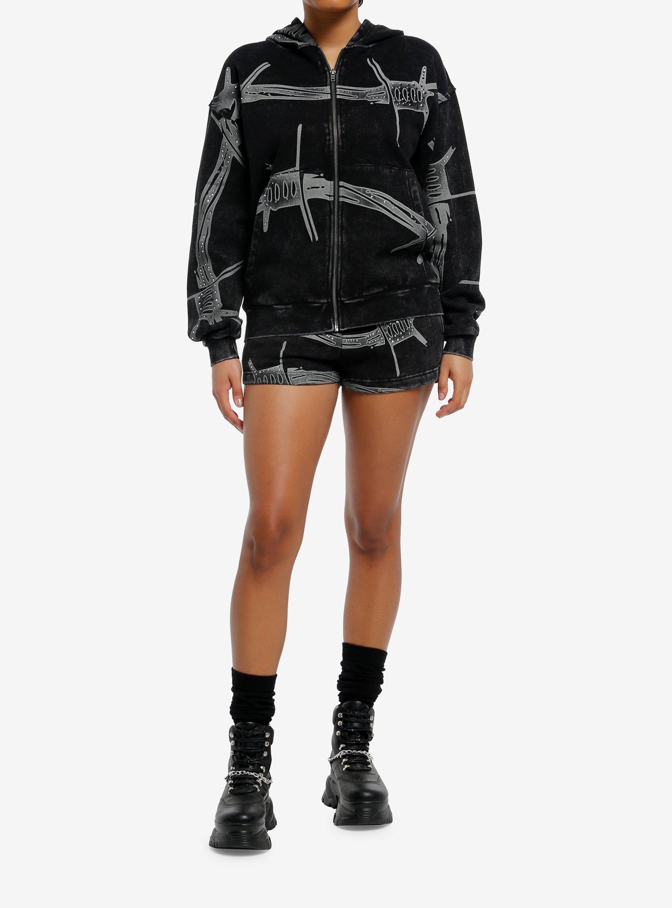 Black Wash Rhinestone Barbed Wire Girls Hoodie, , hi-res