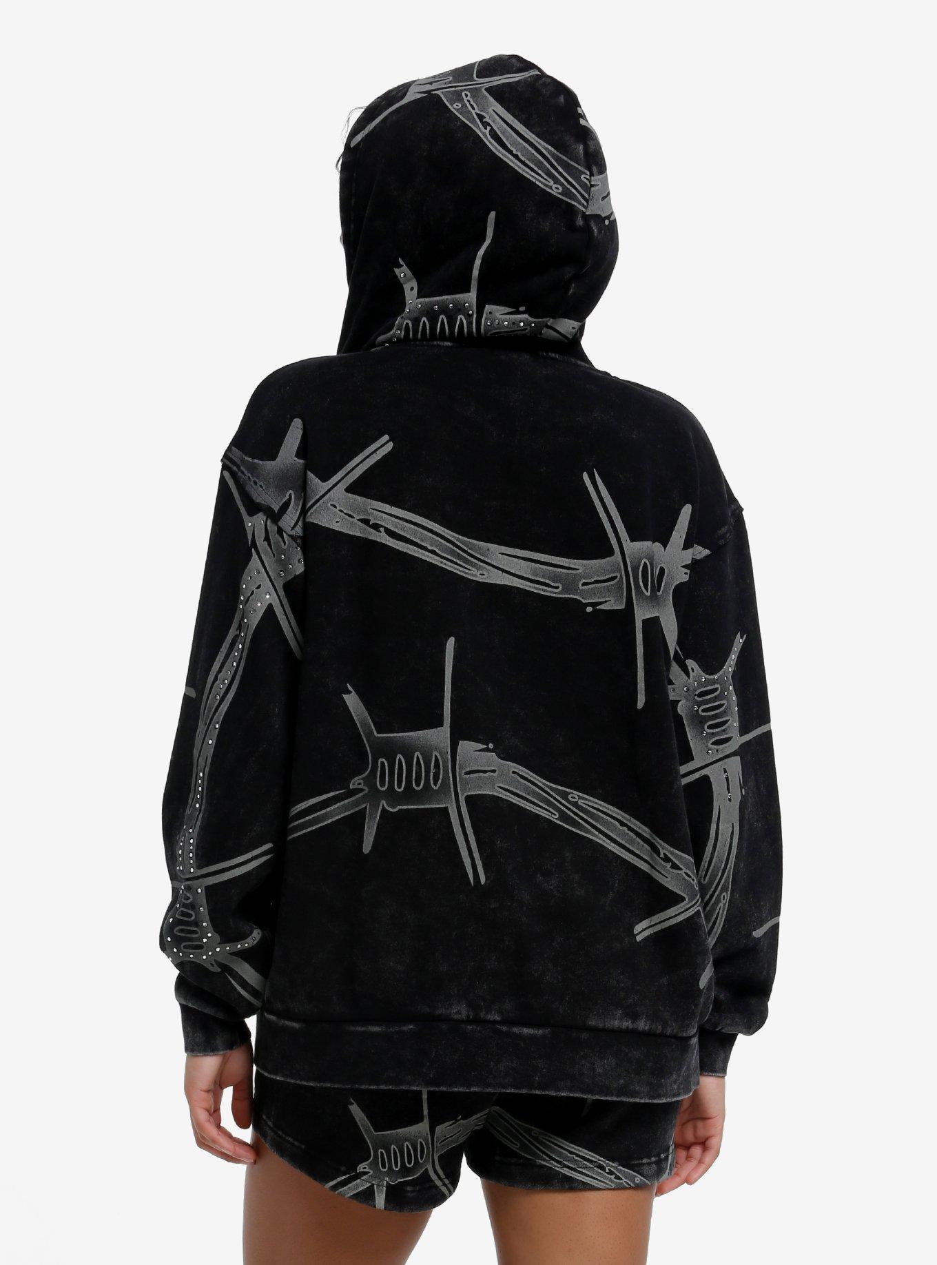Black Wash Rhinestone Barbed Wire Girls Hoodie, BLACK, alternate