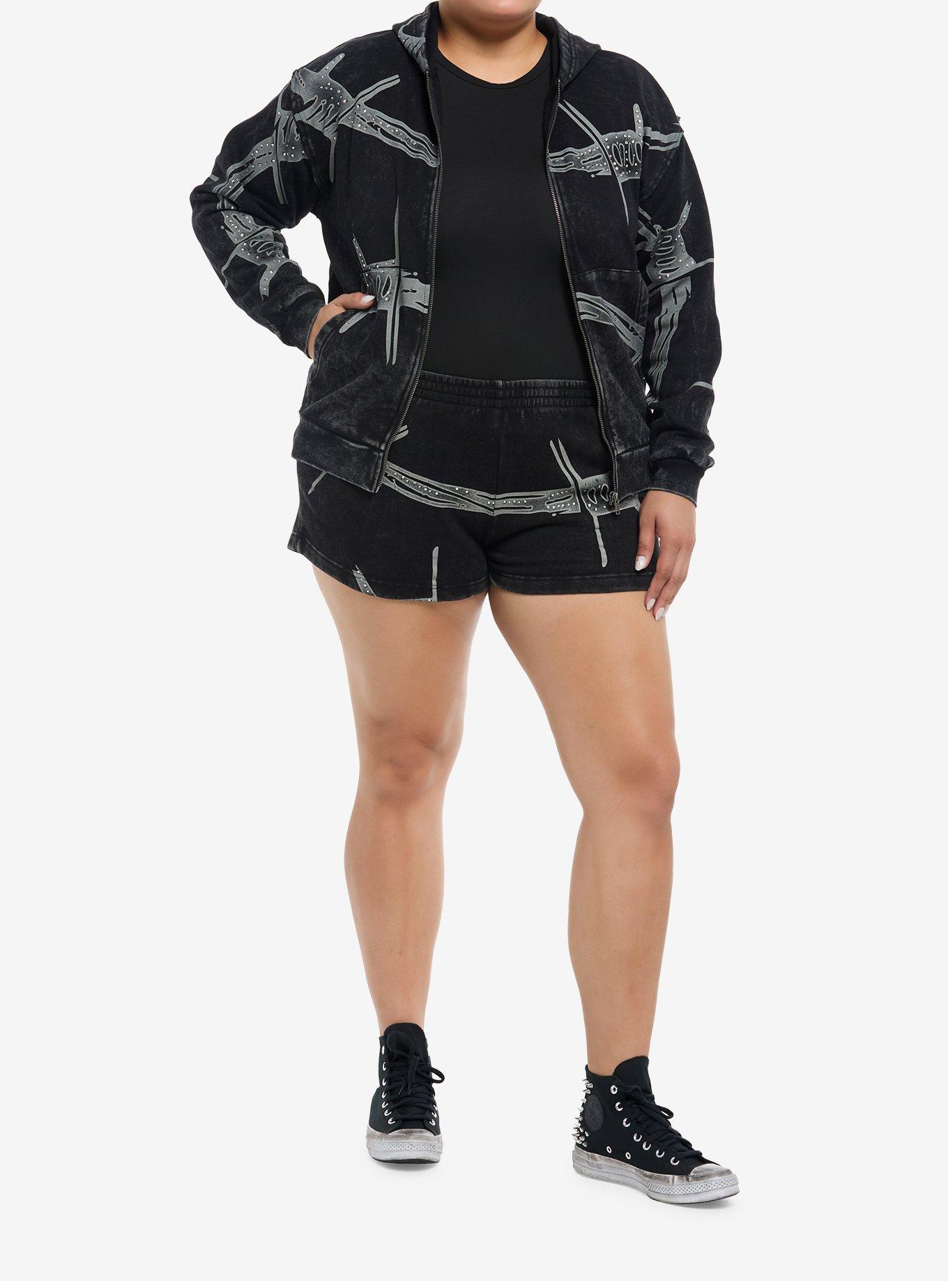 Black Wash Rhinestone Barbed Wire Girls Hoodie Plus Size, , hi-res