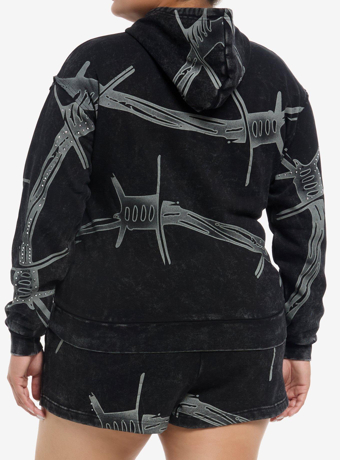 Black Wash Rhinestone Barbed Wire Girls Hoodie Plus Size, BLACK, alternate
